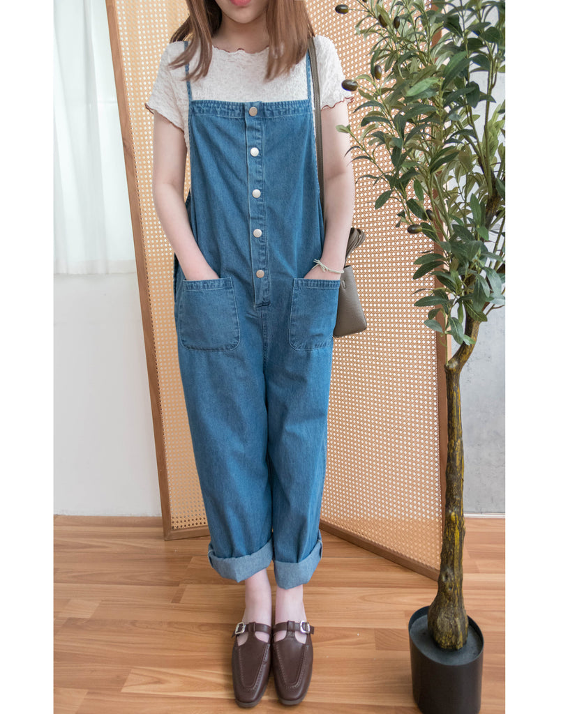 Denim 寬鬆顯瘦拍鈕牛仔吊帶褲, Jumpsuit / PT8394