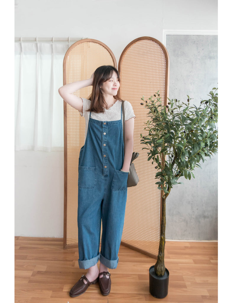 Denim 寬鬆顯瘦拍鈕牛仔吊帶褲, Jumpsuit / PT8394