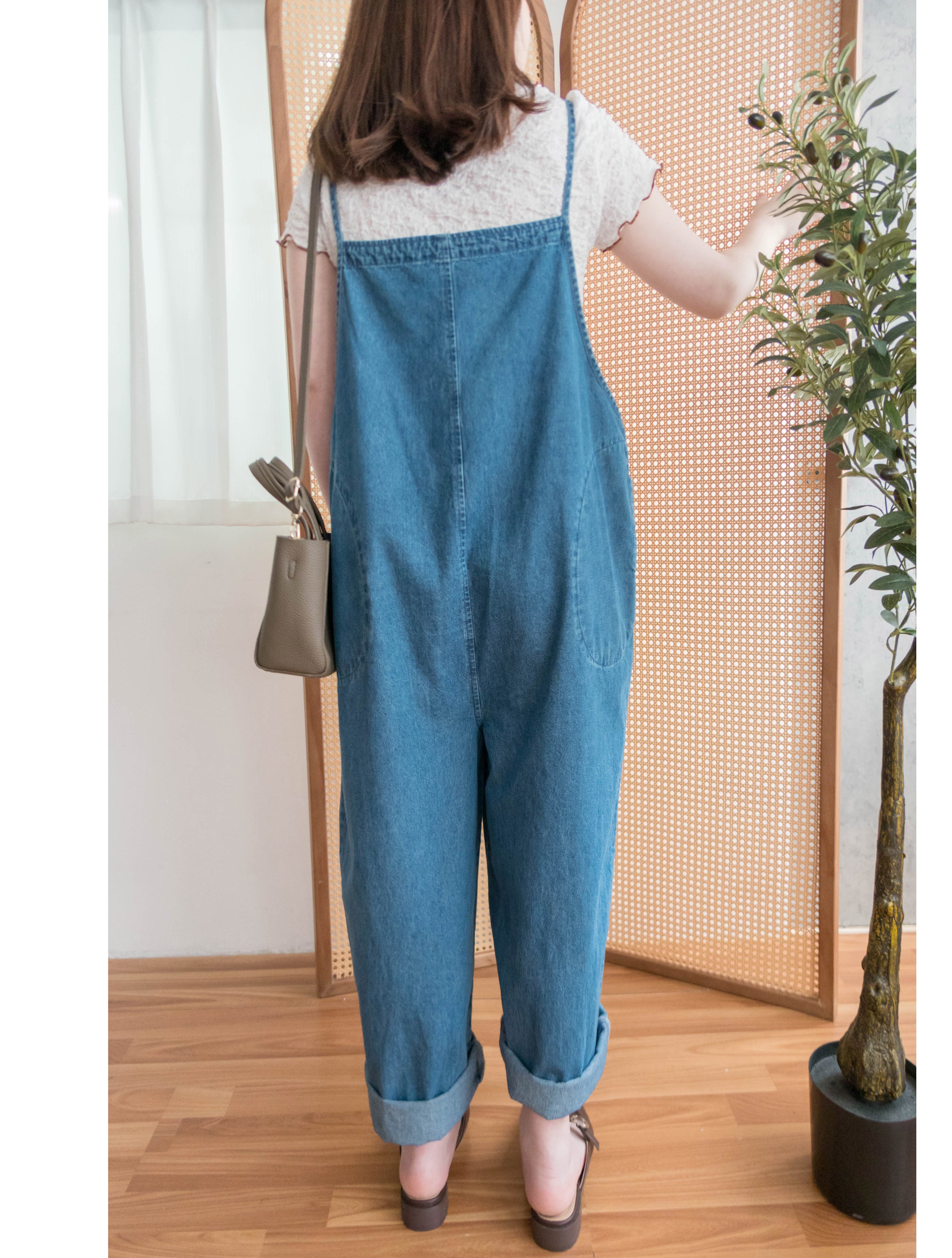 Denim 寬鬆顯瘦拍鈕牛仔吊帶褲, Jumpsuit / PT8394