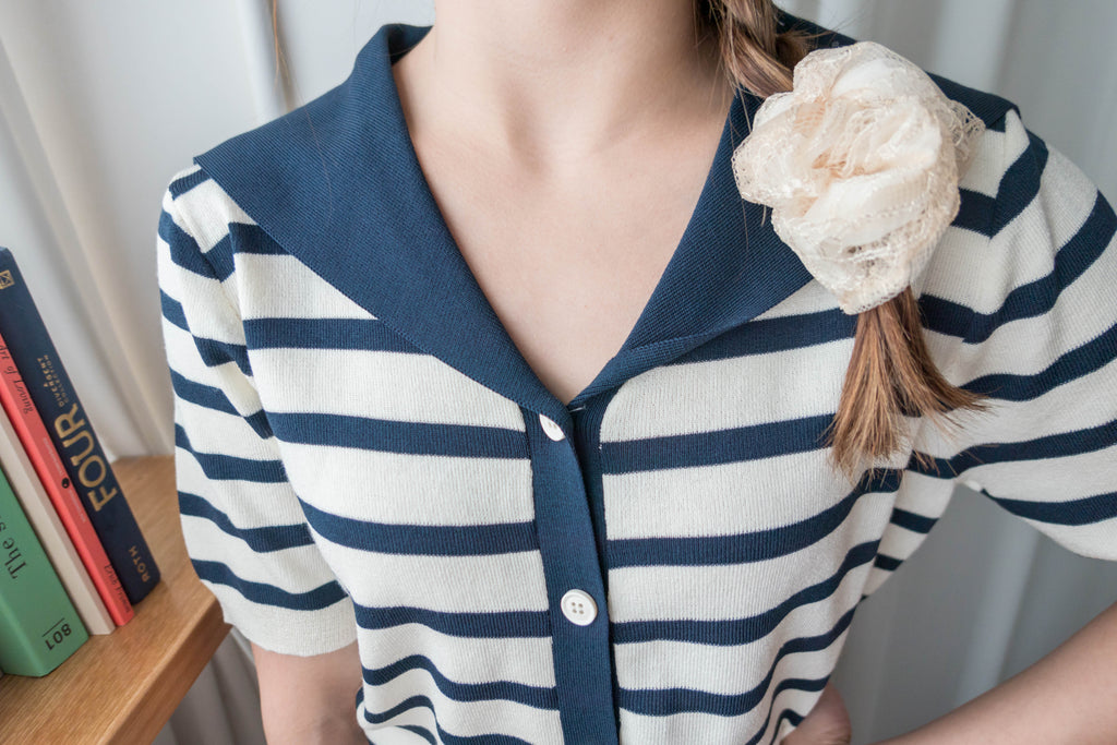 Collar Stripe 大翻領法式藍白條紋彈性, Blouse/ TP8887