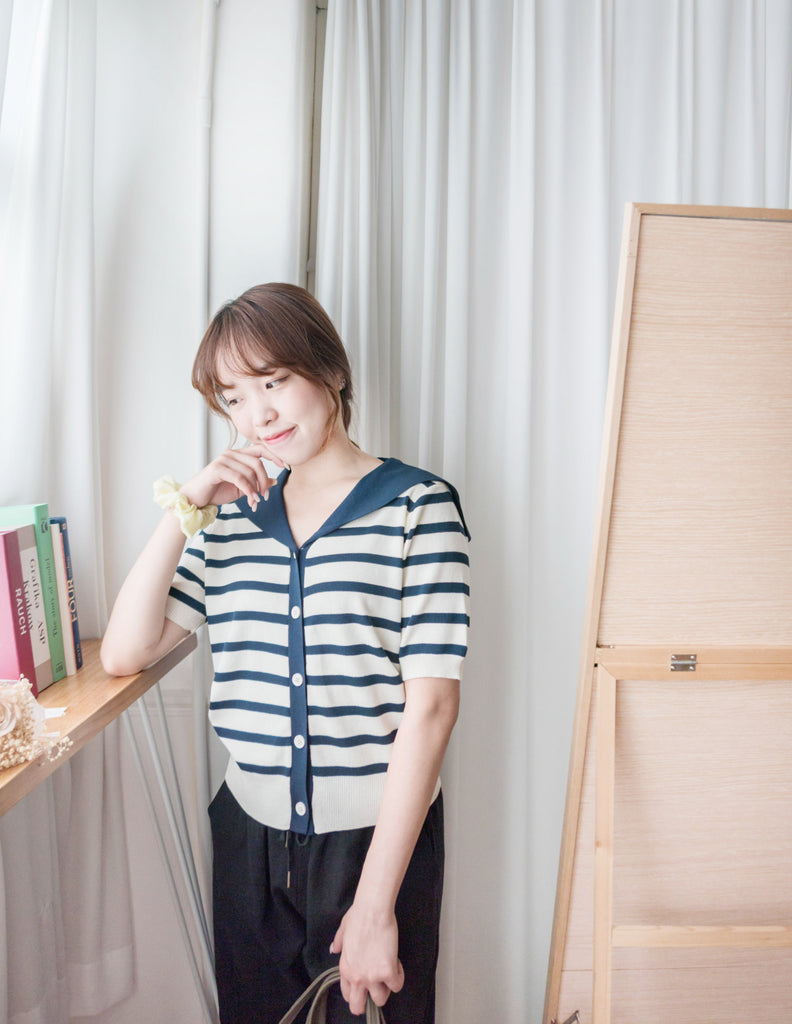 Collar Stripe 大翻領法式藍白條紋彈性, Blouse/ TP8887