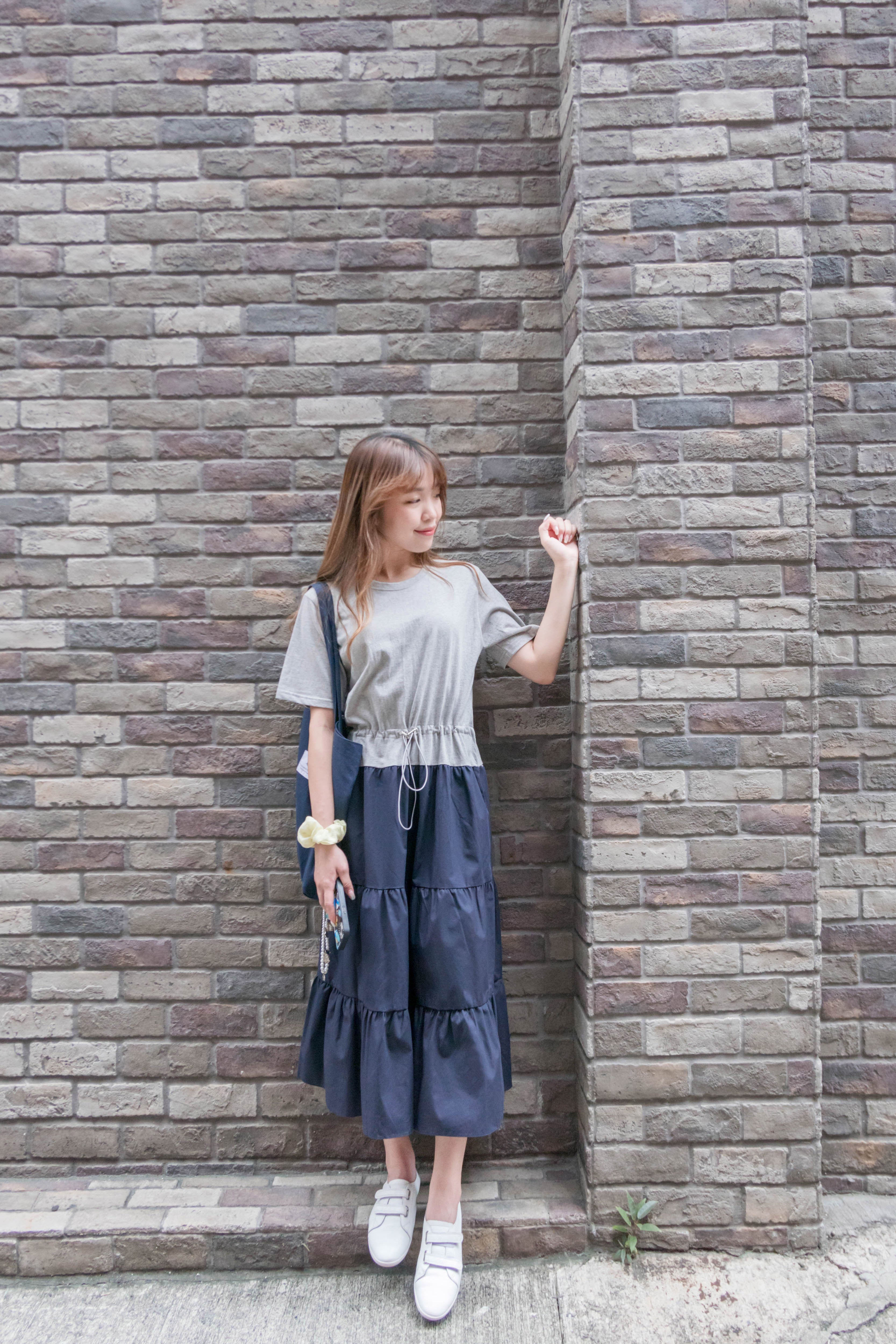 My Stella 隨性拼色灰藍顯瘦橡筋束腰多層裙擺, Dress/ DS9309