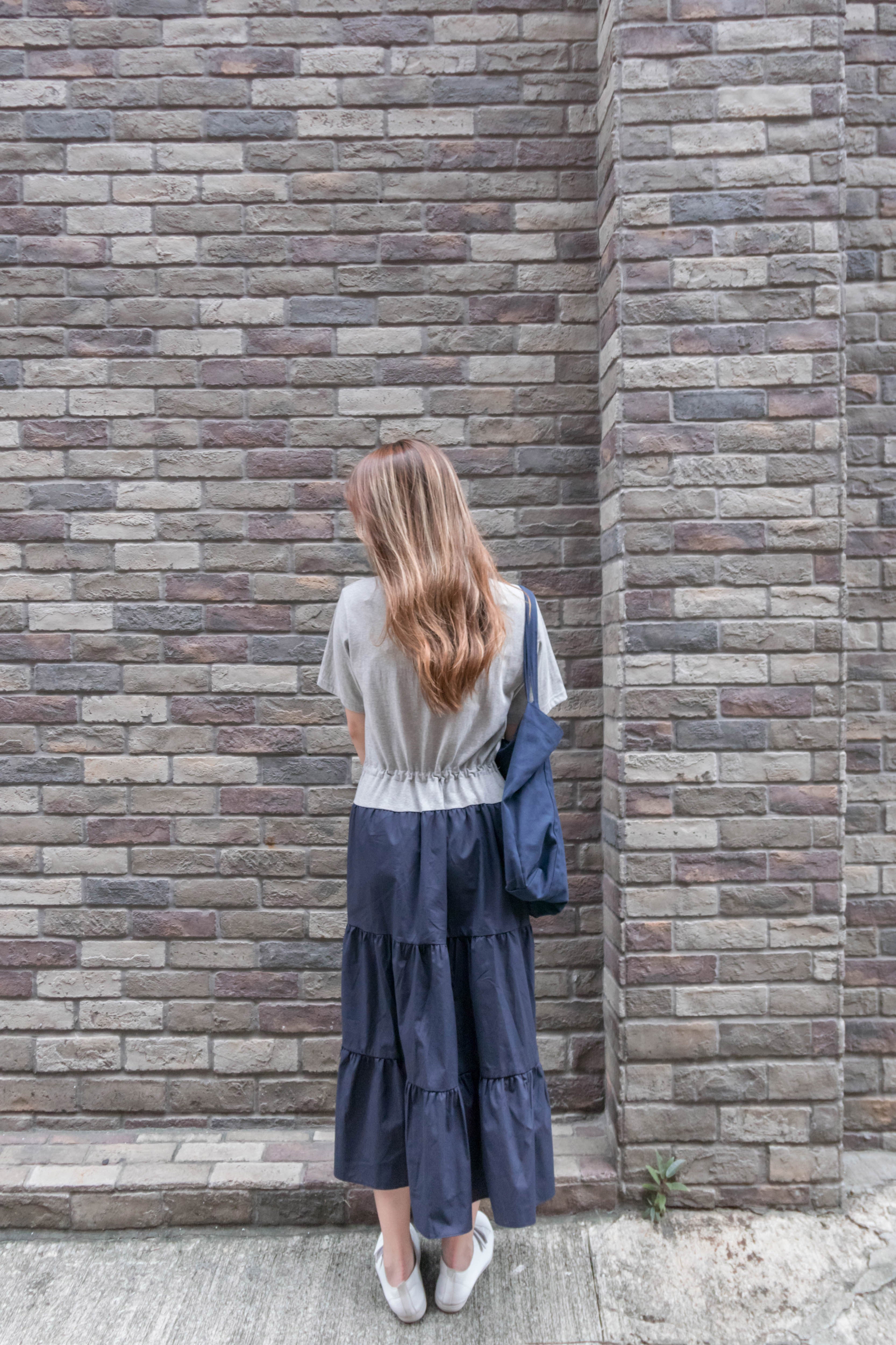 My Stella 隨性拼色灰藍顯瘦橡筋束腰多層裙擺, Dress/ DS9309
