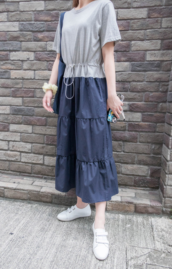 My Stella 隨性拼色灰藍顯瘦橡筋束腰多層裙擺, Dress/ DS9309