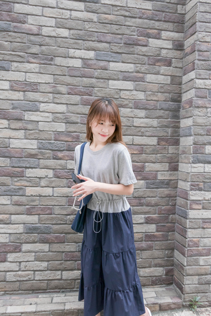 My Stella 隨性拼色灰藍顯瘦橡筋束腰多層裙擺, Dress/ DS9309