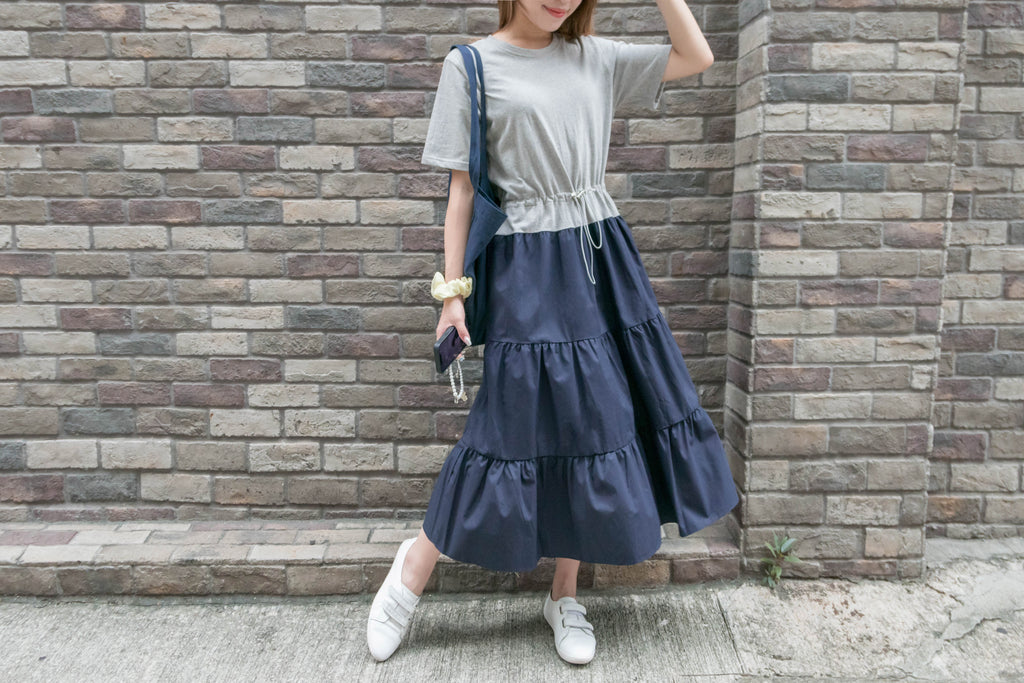 My Stella 隨性拼色灰藍顯瘦橡筋束腰多層裙擺, Dress/ DS9309