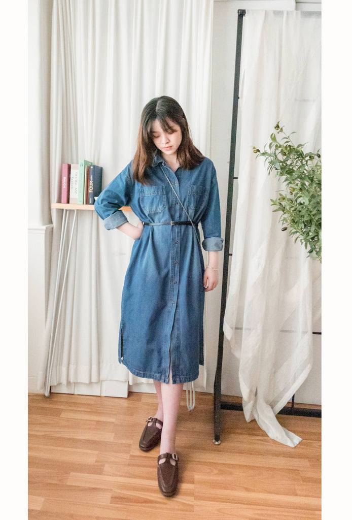 Stone Wash Denim 洗水色單排鈕口袋連身裙, Dress/ DS9310