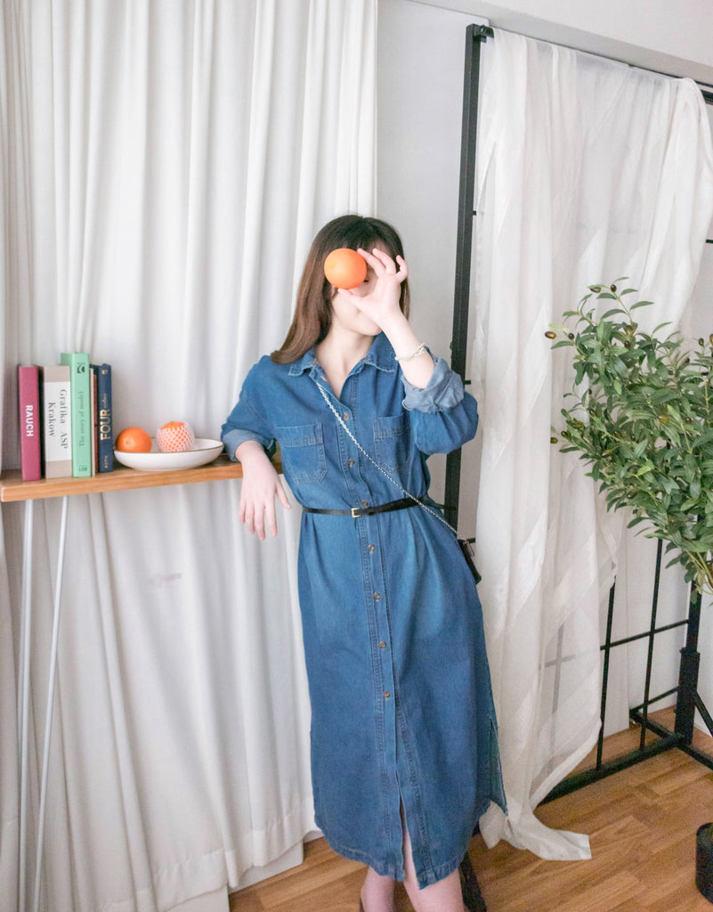 Stone Wash Denim 洗水色單排鈕口袋連身裙, Dress/ DS9310