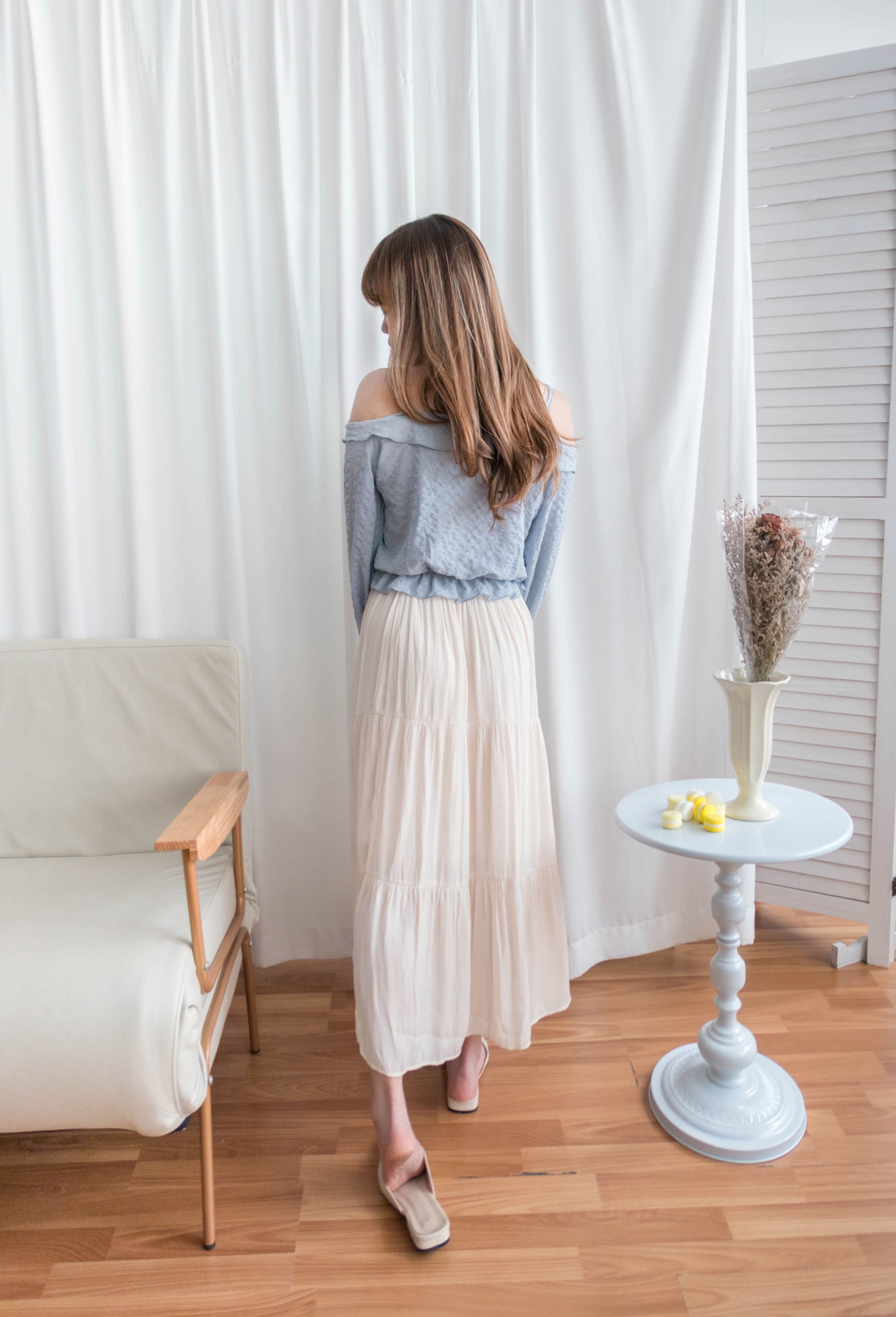 Ruffle Lady 荷葉邊仙氣短帶露肩上衣 ,Blouse/ BU8962 (lightblue sold out)