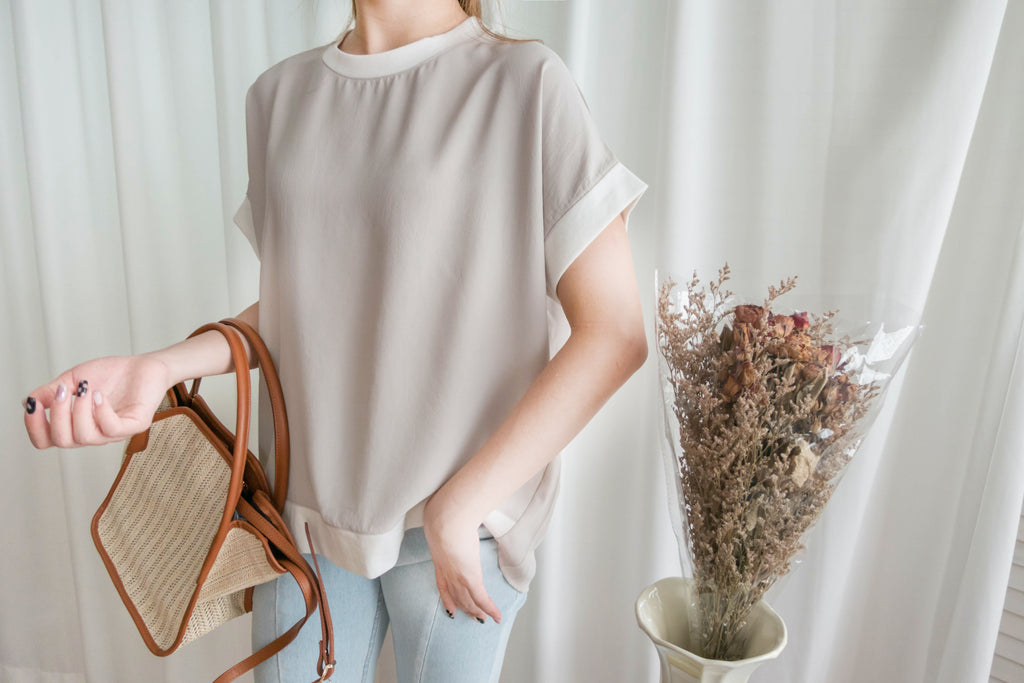 Chiffon SweaterShirt 雙拼色不規則設計雪紡衛衣, Blouse/ TP8890 (beige sold out)
