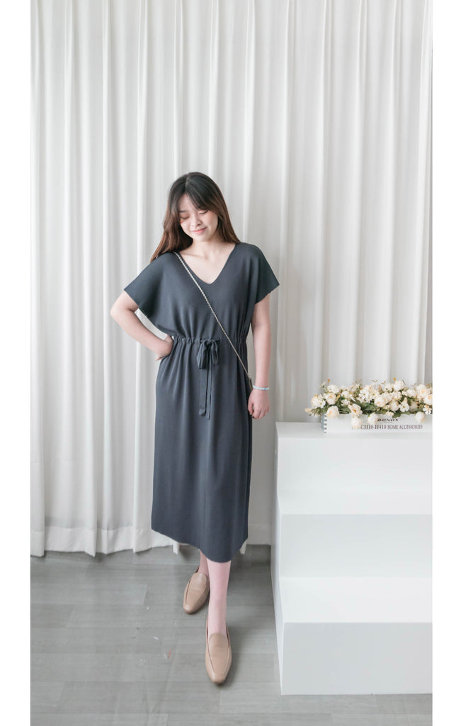 (售完即止款) Knit V領線料彈性氣質修腰溫柔連身裙, Dress/ DS9322 (Steelblue sold out)