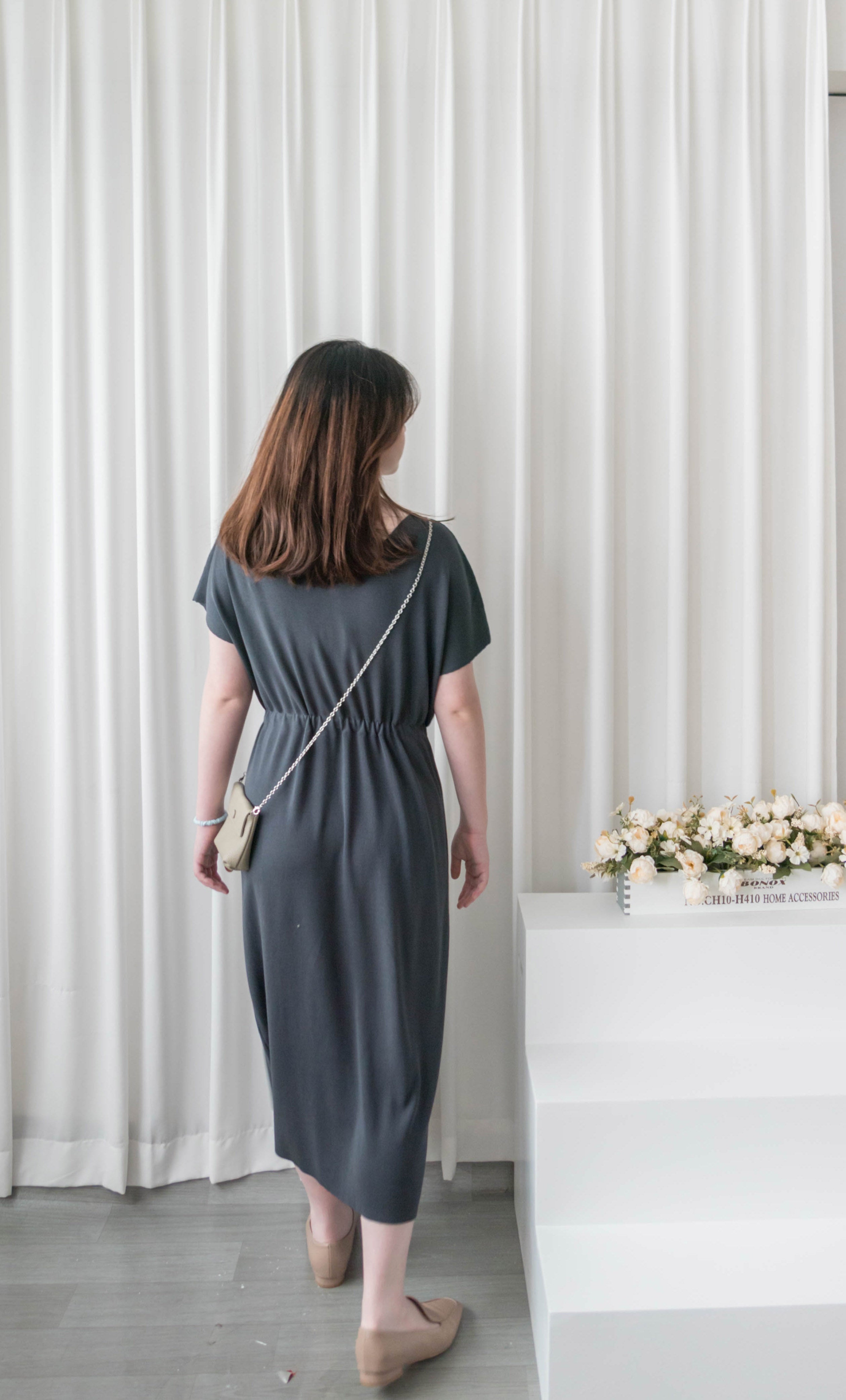 (售完即止款) Knit V領線料彈性氣質修腰溫柔連身裙, Dress/ DS9322 (Steelblue sold out)