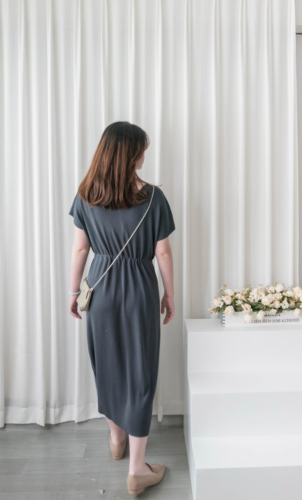 (售完即止款) Knit V領線料彈性氣質修腰溫柔連身裙, Dress/ DS9322 (Steelblue sold out)