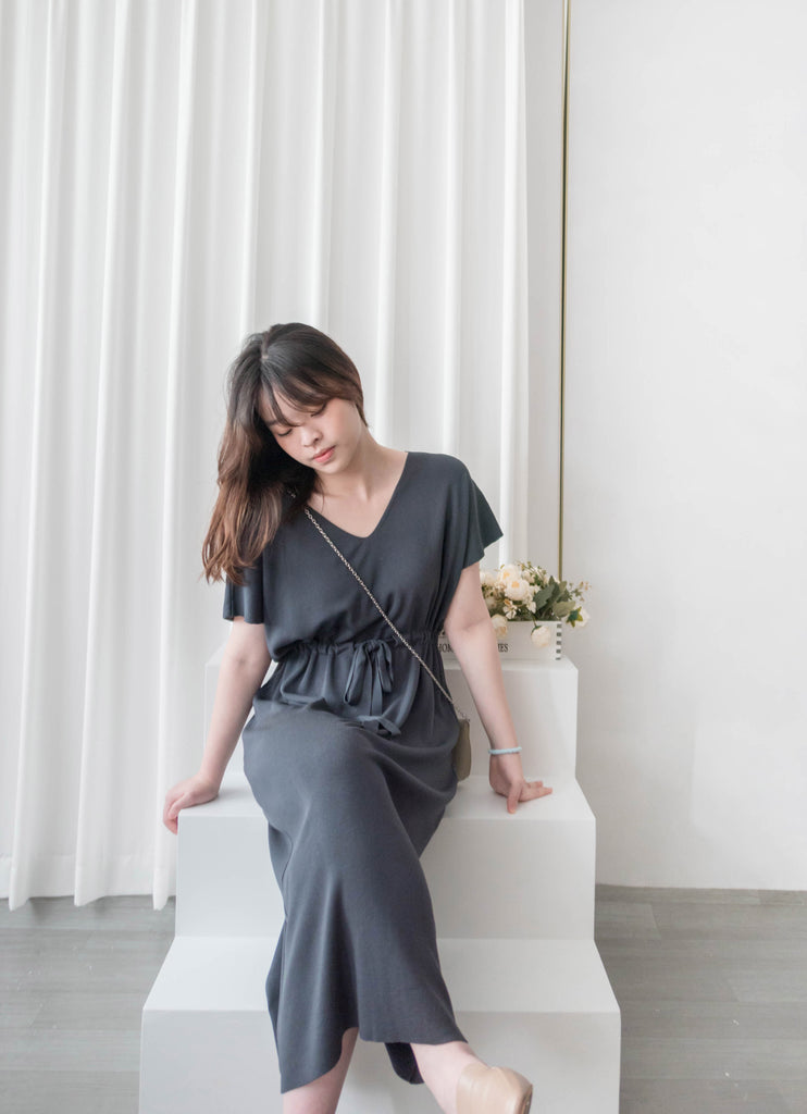 (售完即止款) Knit V領線料彈性氣質修腰溫柔連身裙, Dress/ DS9322 (Steelblue sold out)