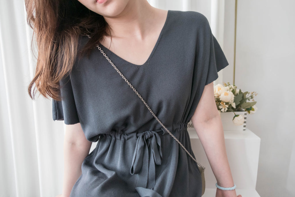 (售完即止款) Knit V領線料彈性氣質修腰溫柔連身裙, Dress/ DS9322 (Steelblue sold out)
