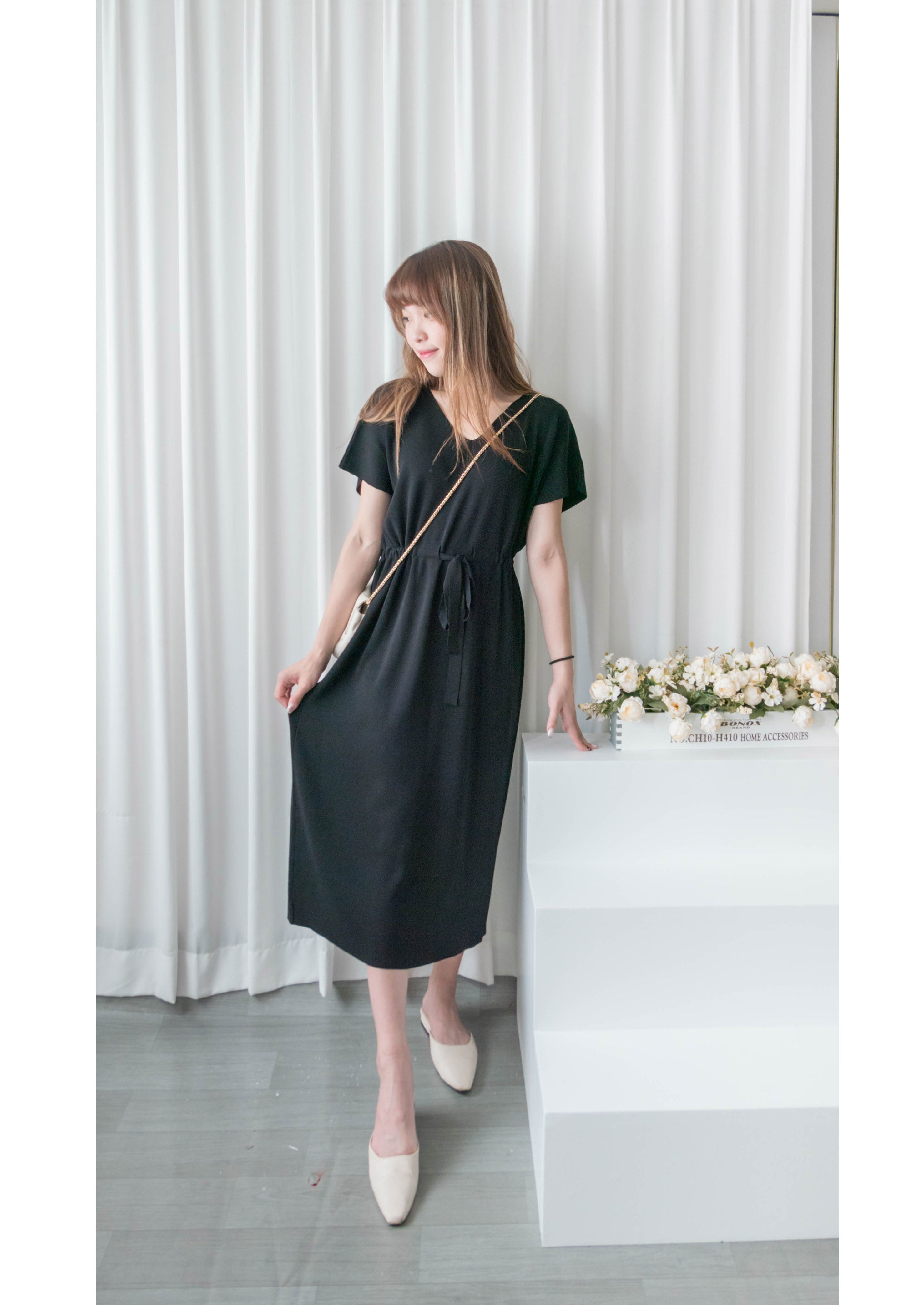 (售完即止款) Knit V領線料彈性氣質修腰溫柔連身裙, Dress/ DS9322 (Steelblue sold out)