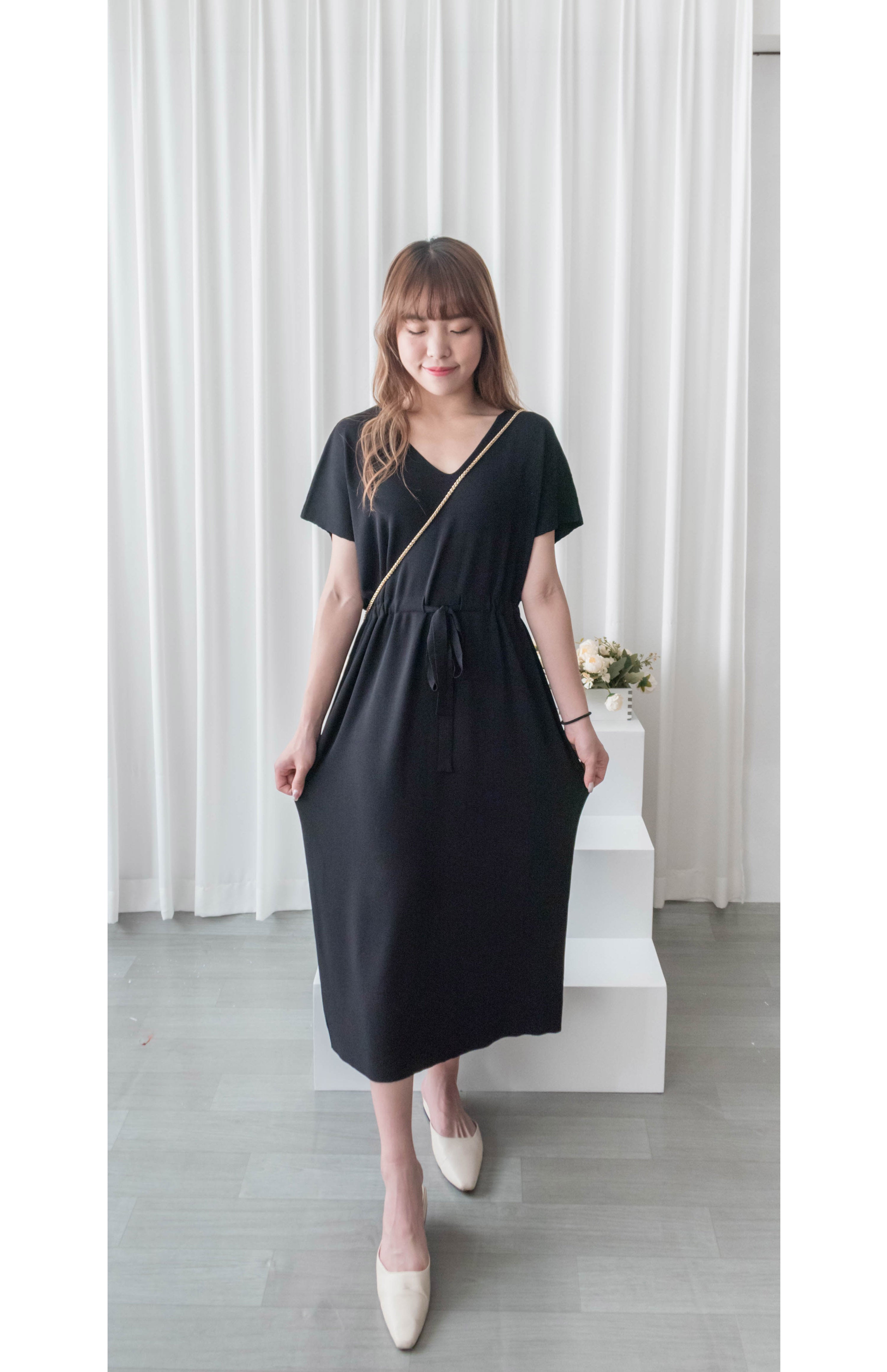 (售完即止款) Knit V領線料彈性氣質修腰溫柔連身裙, Dress/ DS9322 (Steelblue sold out)
