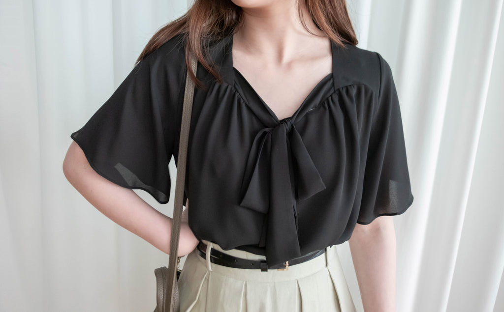 Square Ribbon 雪紡方領絲帶傘袖, Blouse/ BU8964