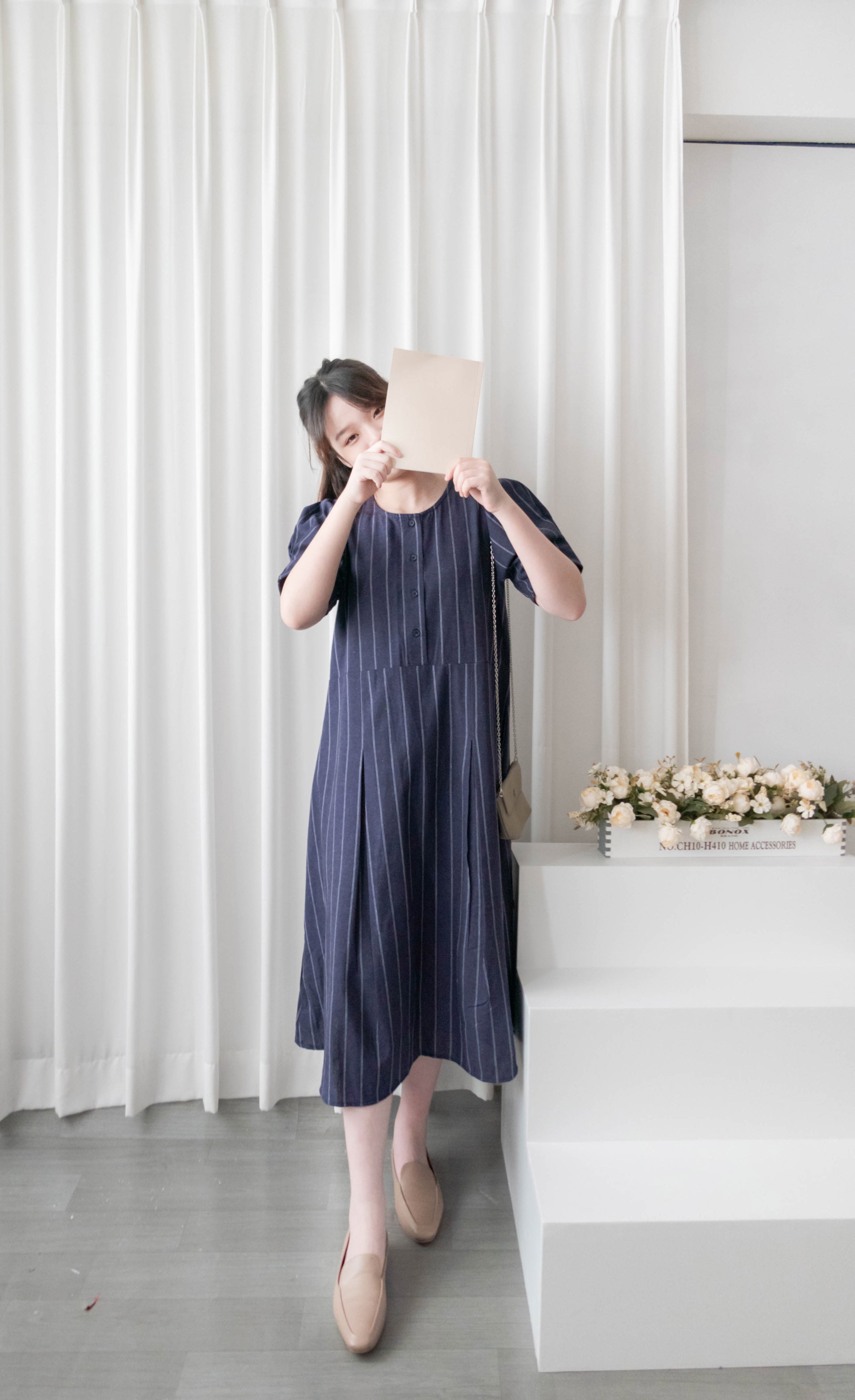 Navy Stripe 隨性防皺麻棉條紋高腰線裙擺車褶, Dress/ DS9312