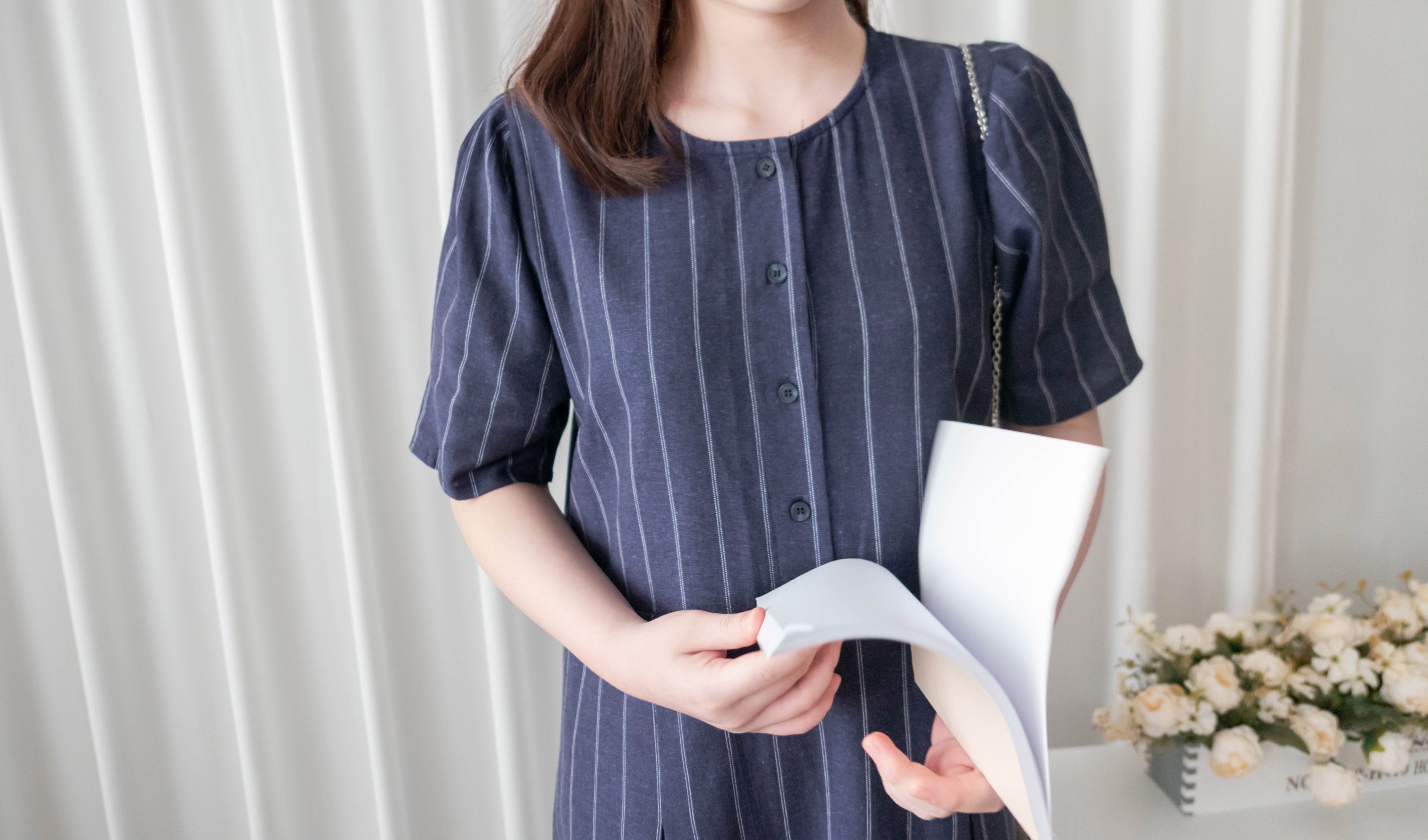 Navy Stripe 隨性防皺麻棉條紋高腰線裙擺車褶, Dress/ DS9312