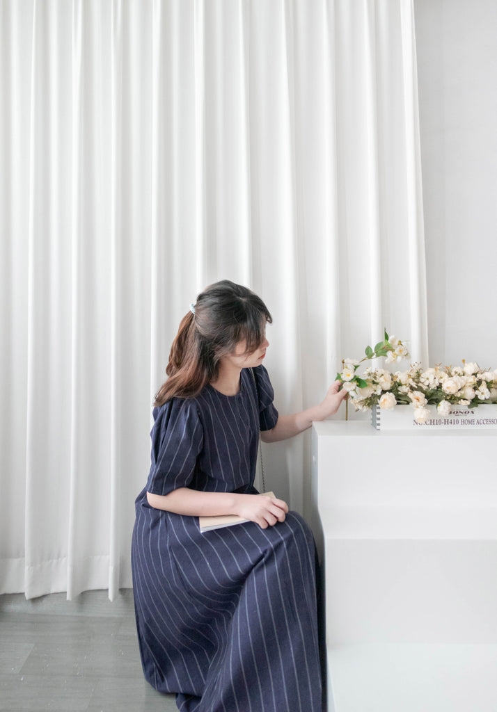 Navy Stripe 隨性防皺麻棉條紋高腰線裙擺車褶, Dress/ DS9312