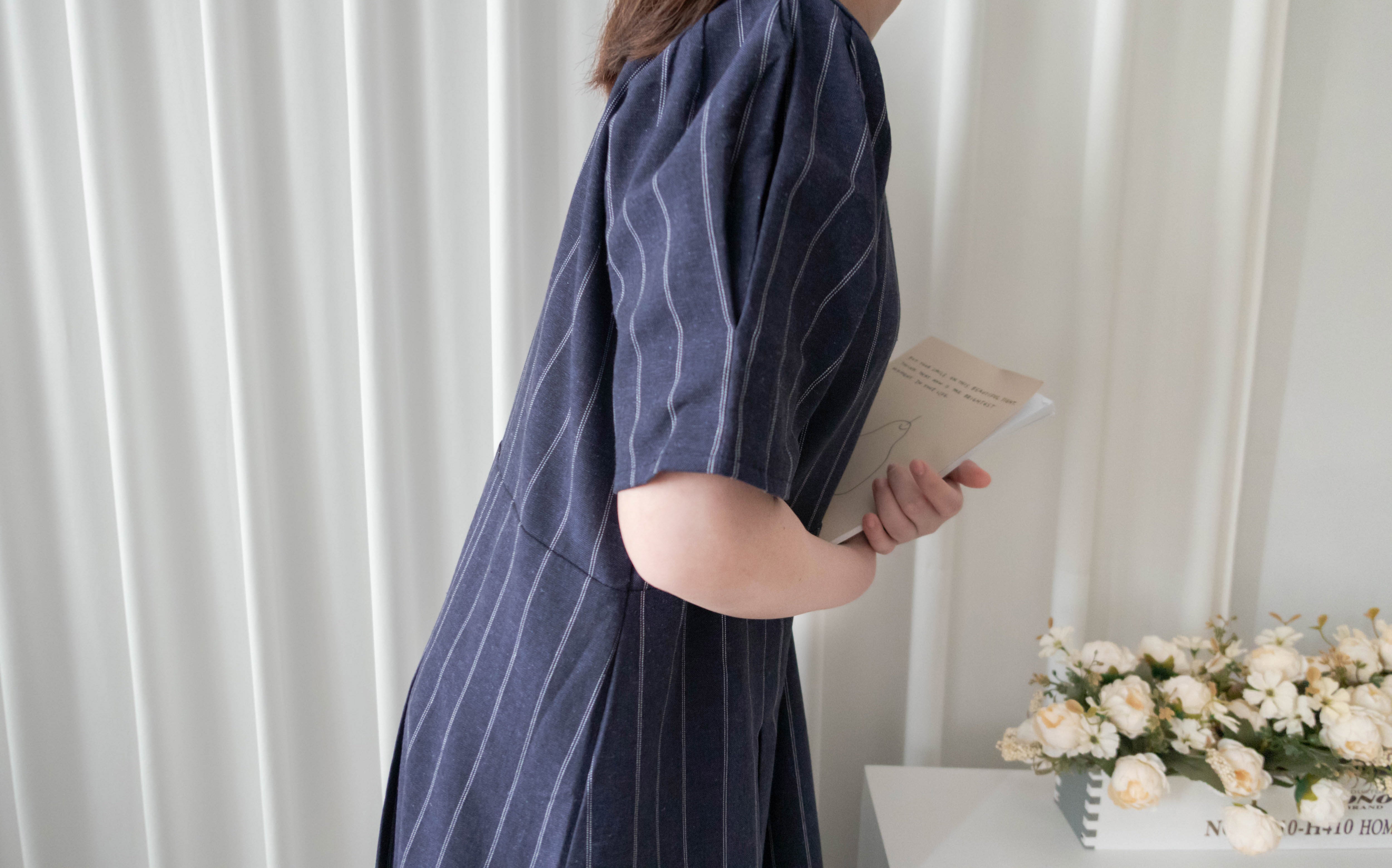 Navy Stripe 隨性防皺麻棉條紋高腰線裙擺車褶, Dress/ DS9312