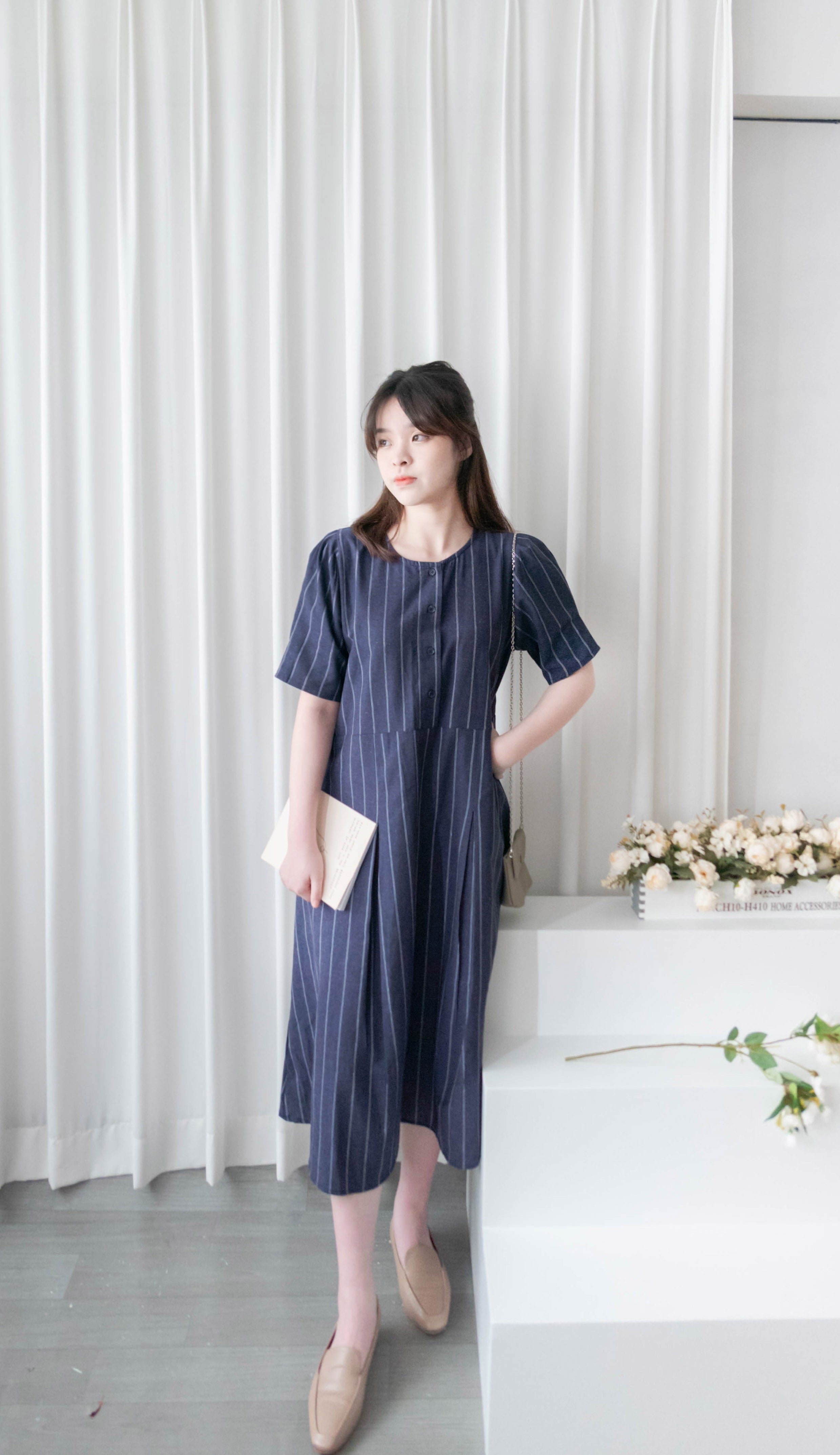 Navy Stripe 隨性防皺麻棉條紋高腰線裙擺車褶, Dress/ DS9312