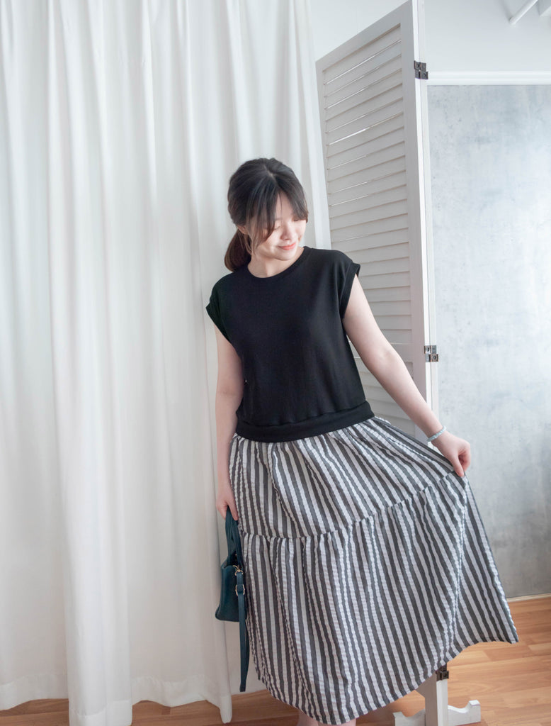 Daily Stripe 黑白條紋假兩件連身裙, Dress/ DS9316