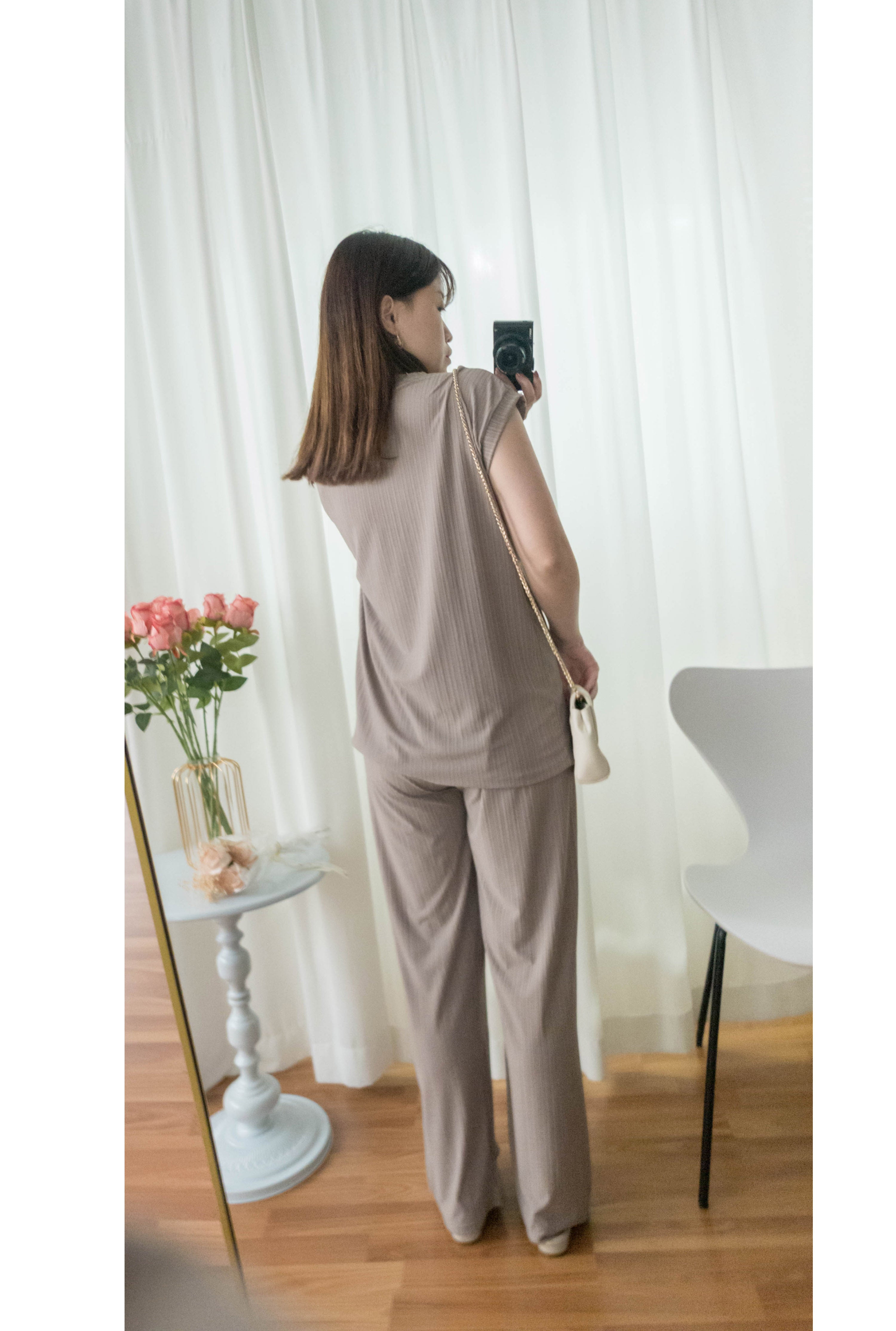 Milk Tea 無肩線小袖暗直紋闊褲套裝, Set/ SE8056