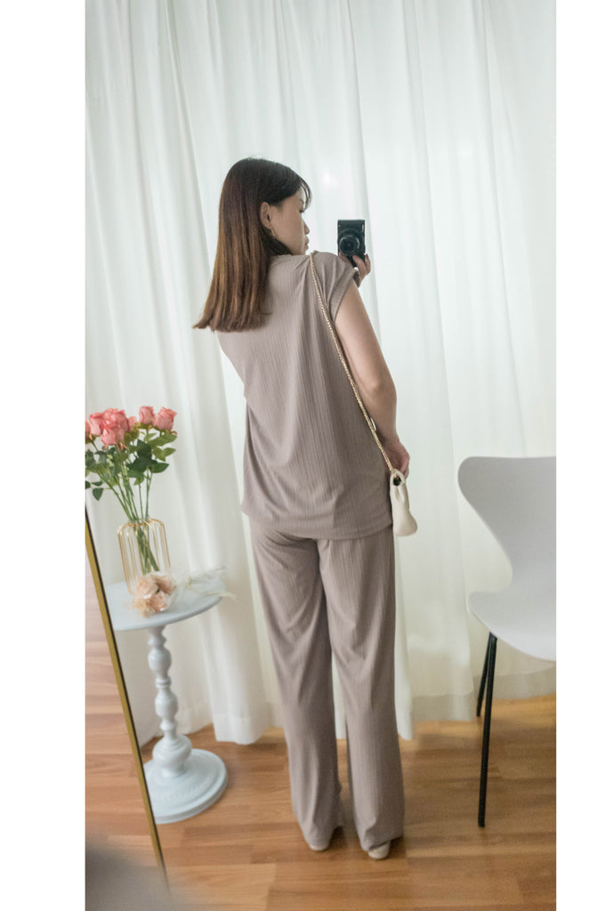 Milk Tea 無肩線小袖暗直紋闊褲套裝, Set/ SE8056