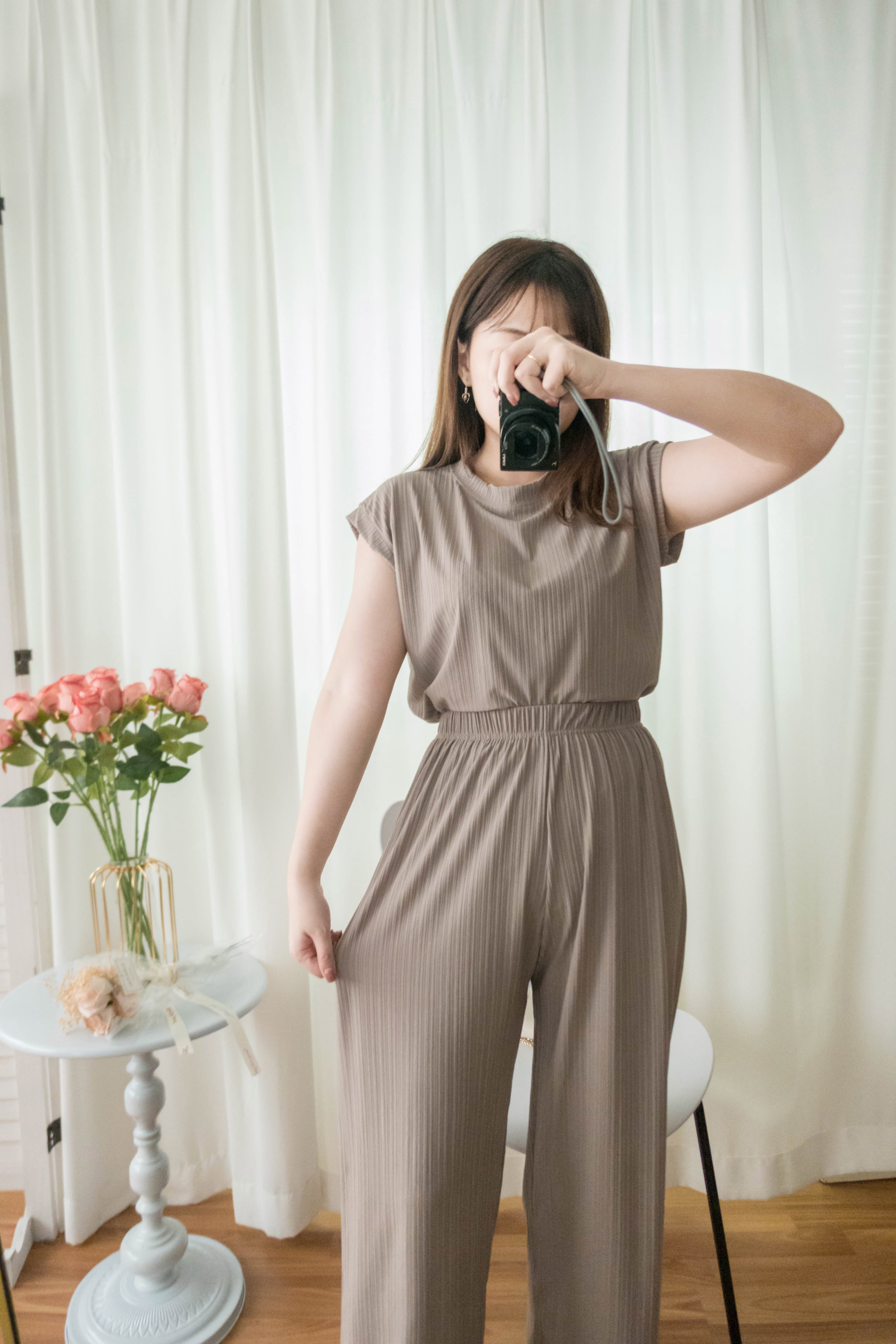 Milk Tea 無肩線小袖暗直紋闊褲套裝, Set/ SE8056