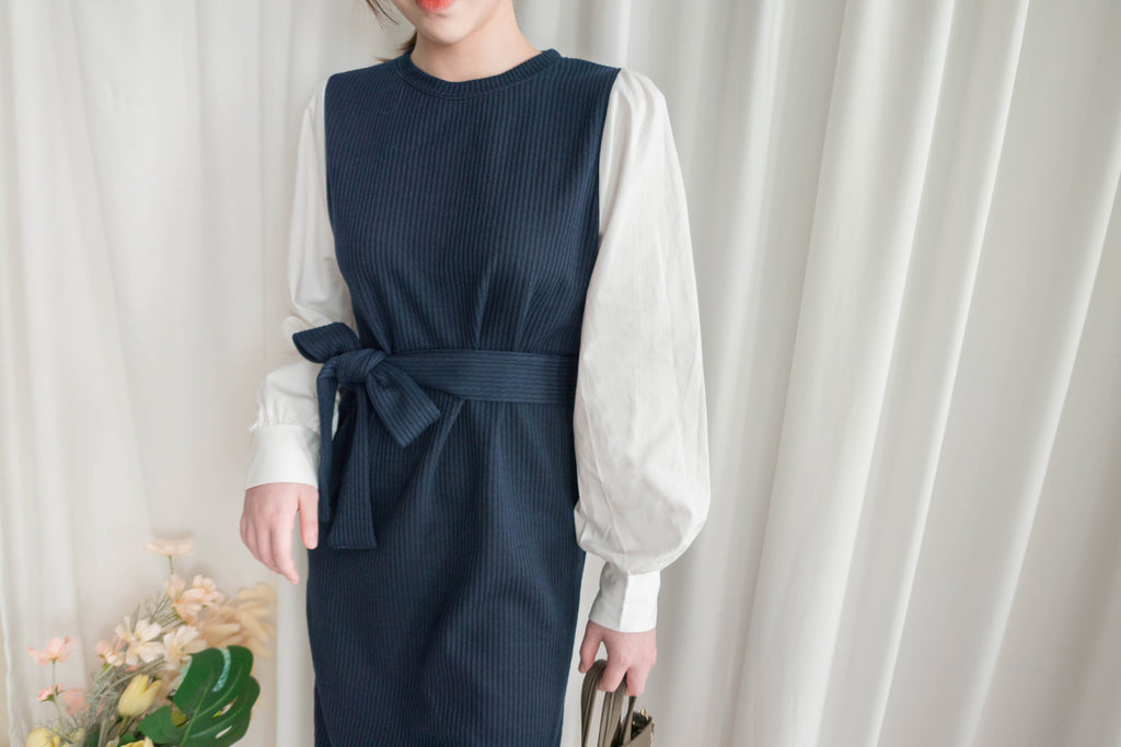 Knit Shirt 知性假兩件恤衫加彈性針織背心連身裙, Dress/ DS9326