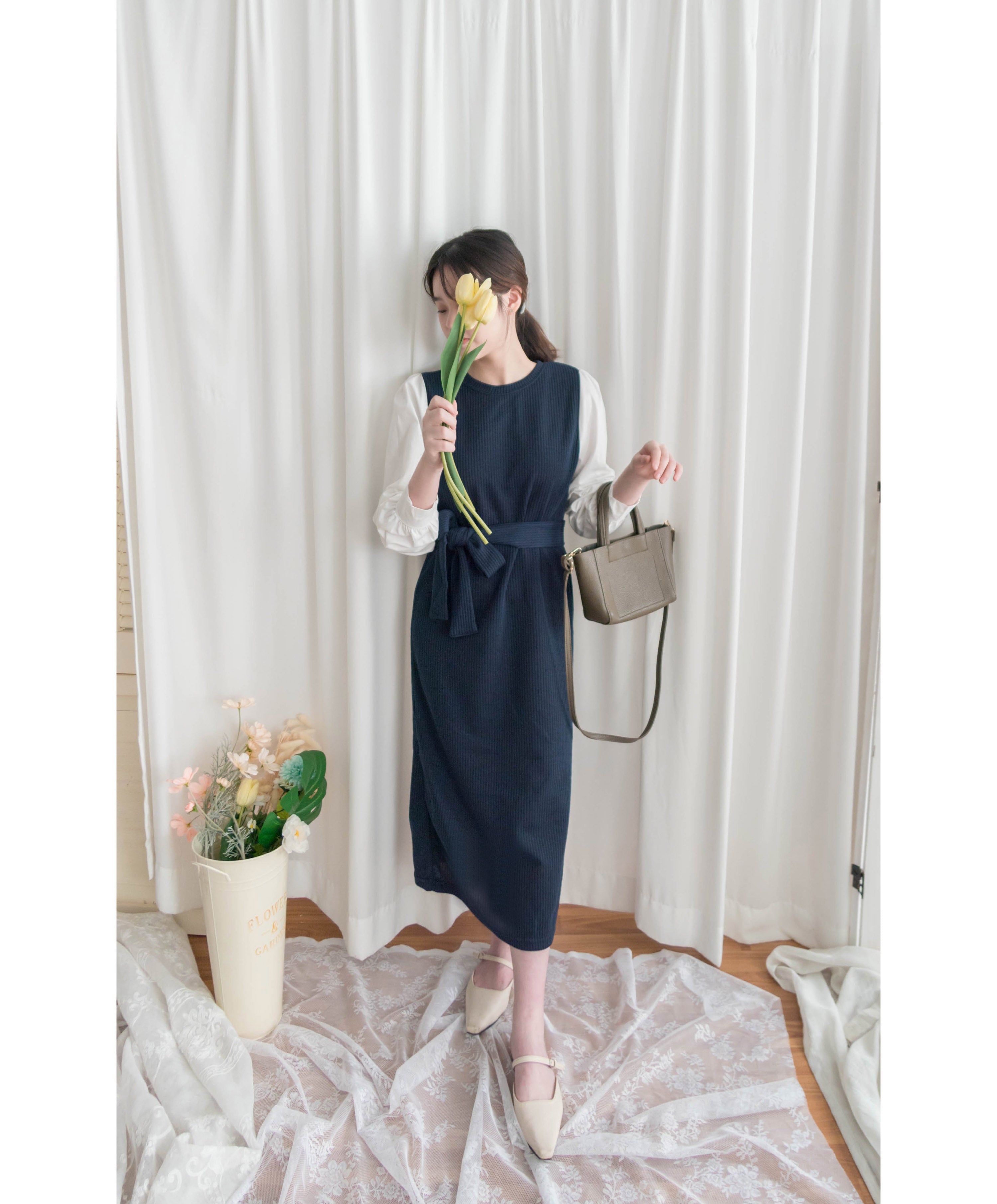 Knit Shirt 知性假兩件恤衫加彈性針織背心連身裙, Dress/ DS9326