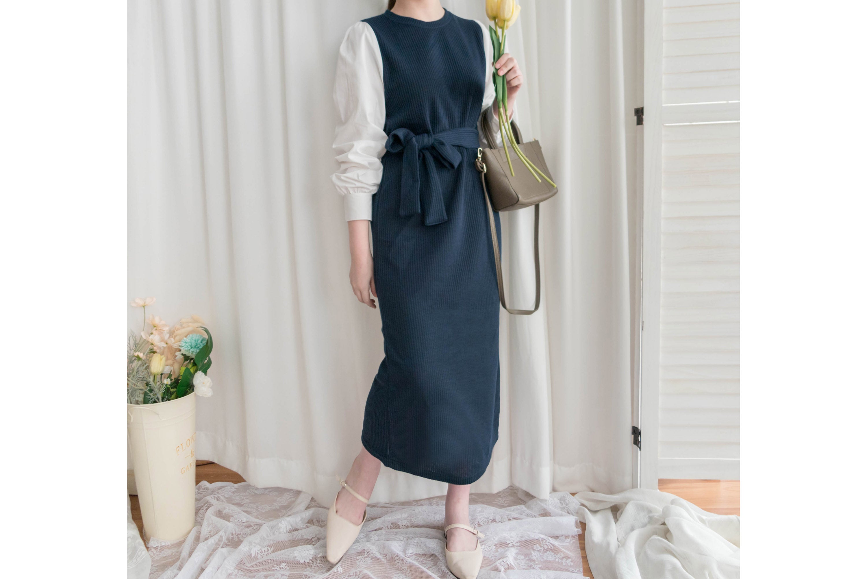 Knit Shirt 知性假兩件恤衫加彈性針織背心連身裙, Dress/ DS9326
