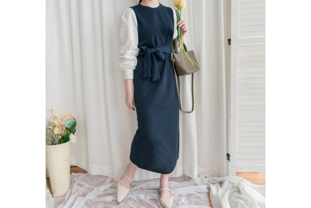 Knit Shirt 知性假兩件恤衫加彈性針織背心連身裙, Dress/ DS9326