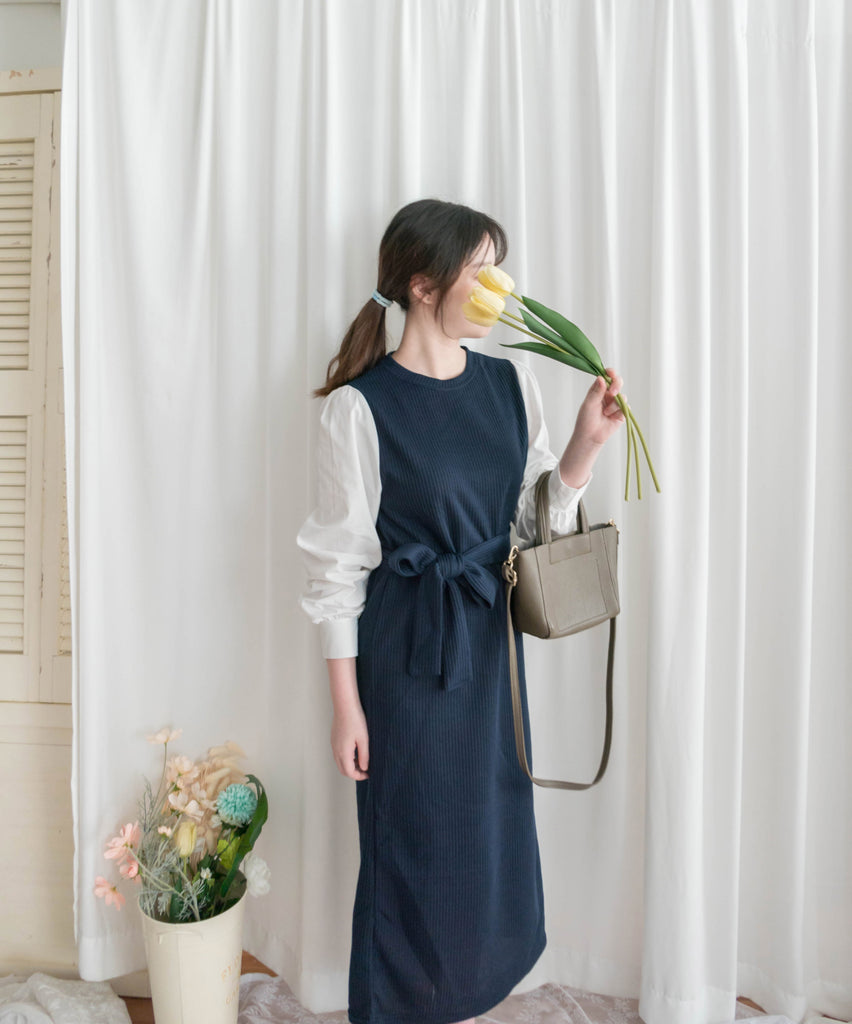 Knit Shirt 知性假兩件恤衫加彈性針織背心連身裙, Dress/ DS9326