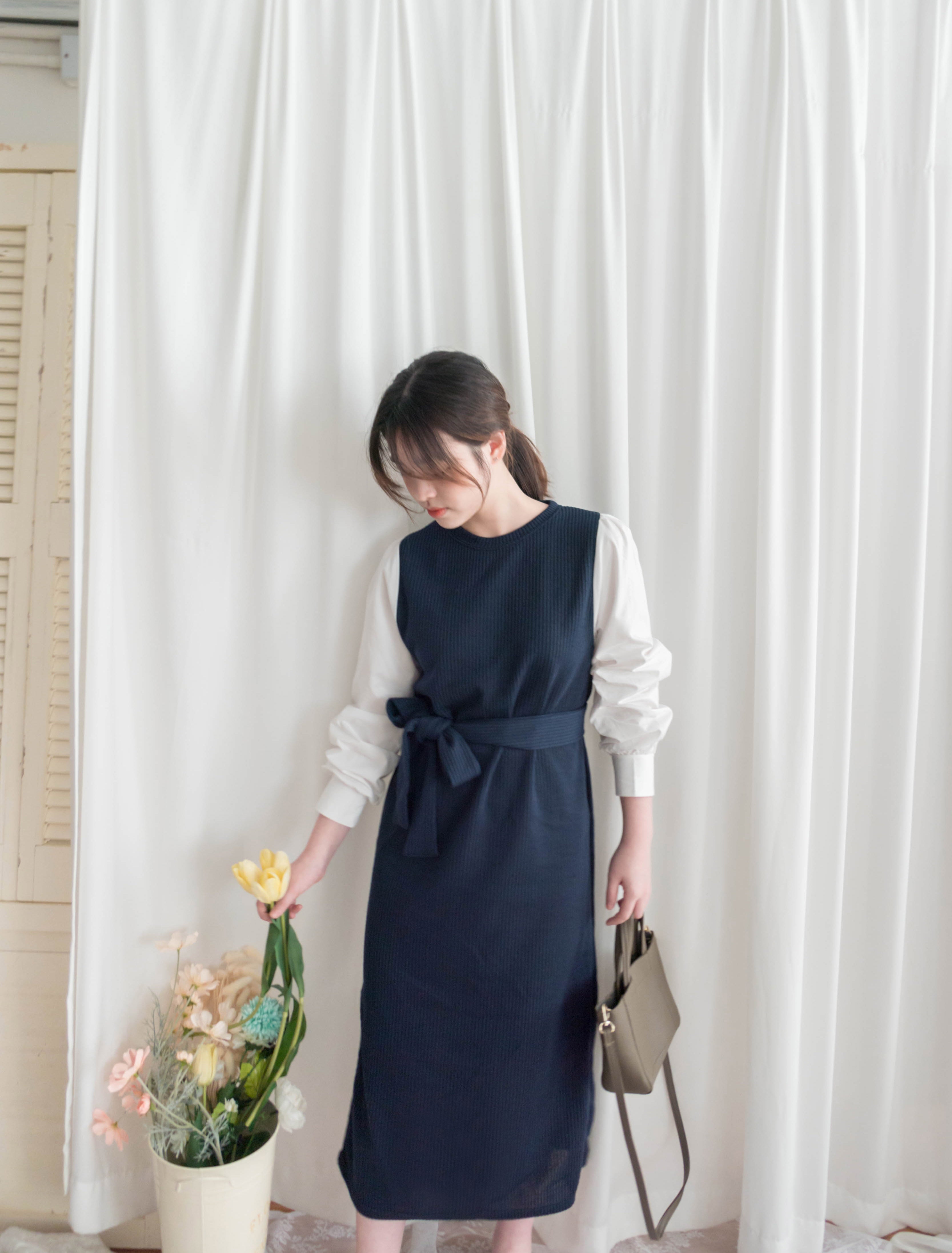 Knit Shirt 知性假兩件恤衫加彈性針織背心連身裙, Dress/ DS9326