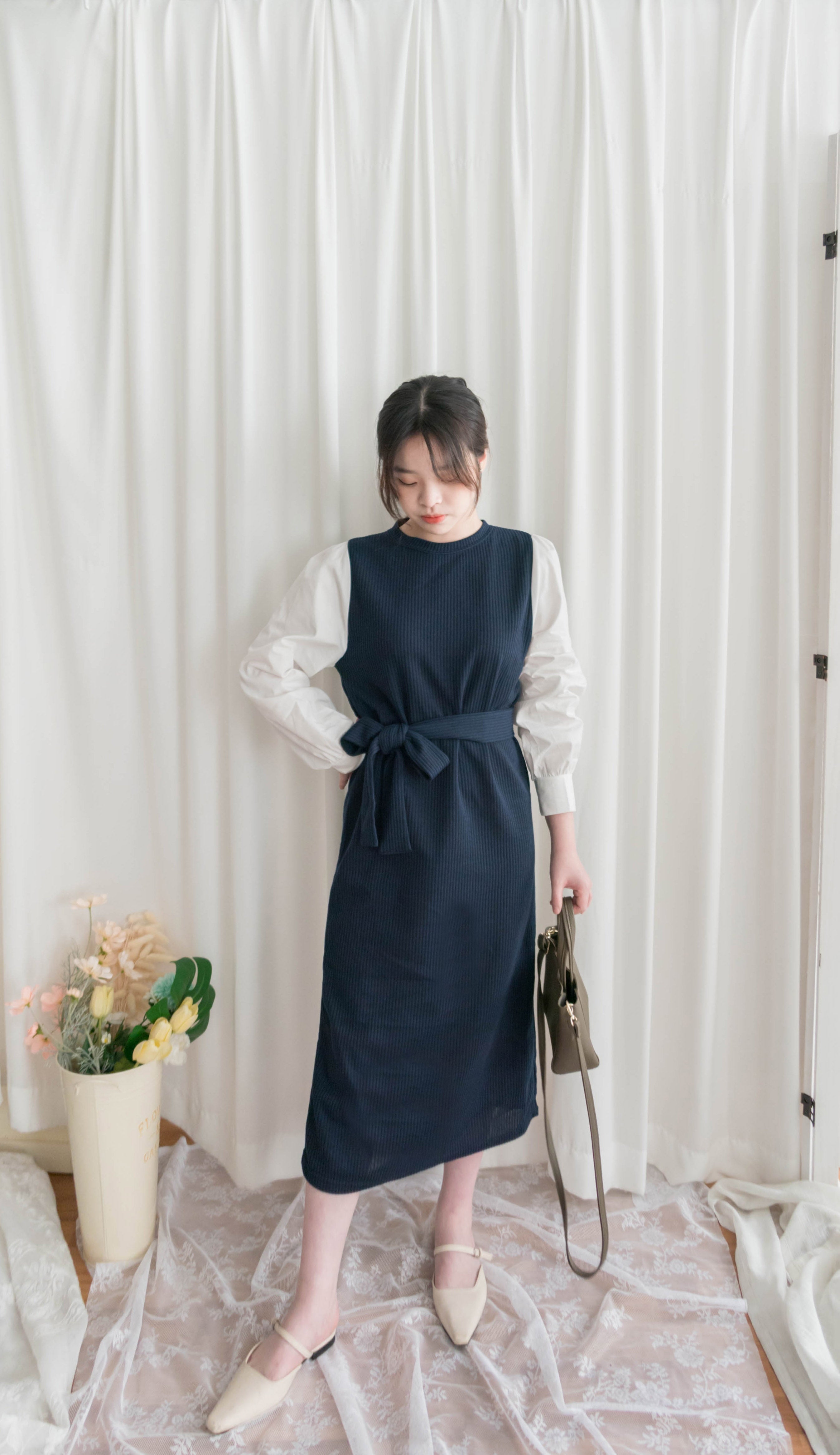 Knit Shirt 知性假兩件恤衫加彈性針織背心連身裙, Dress/ DS9326