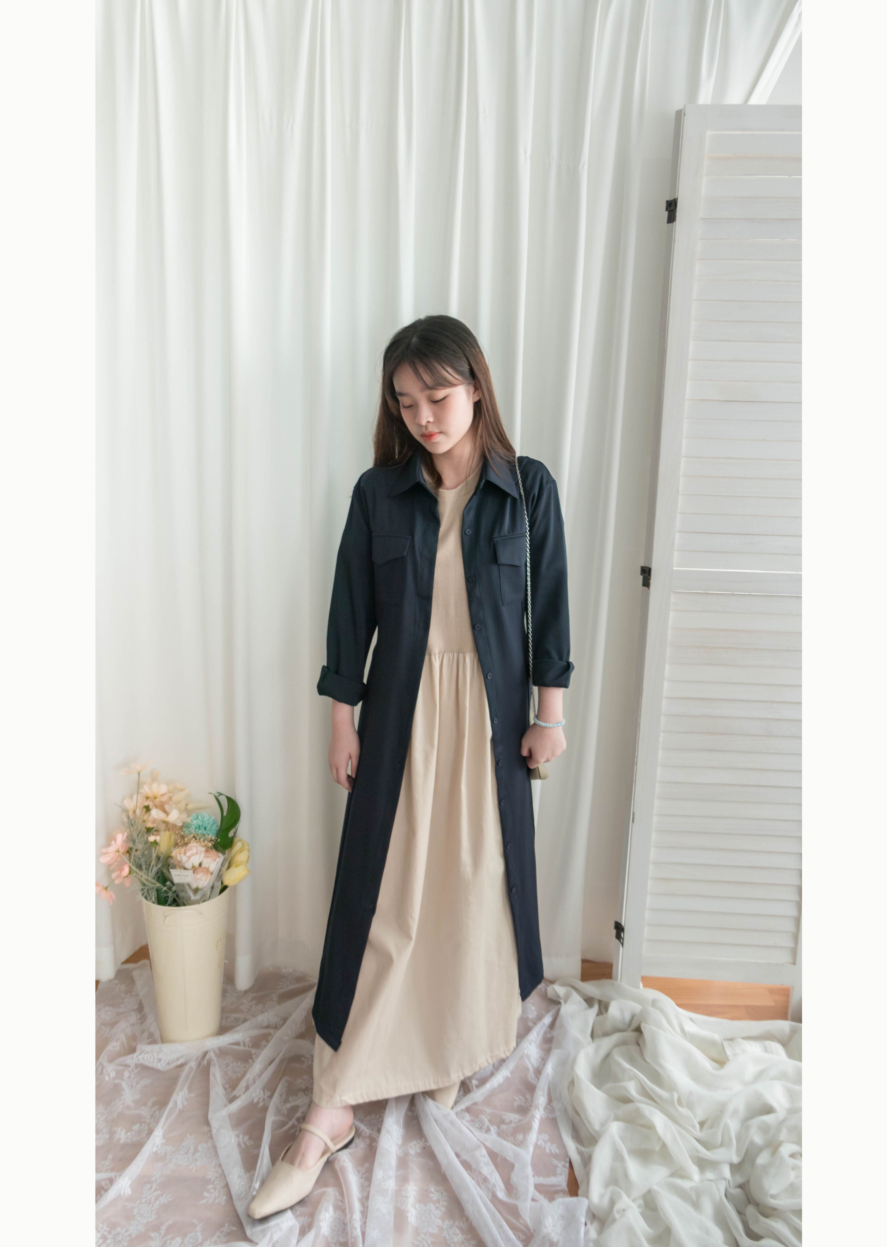 Navy 微光澤雙口袋修腰知性連身裙或外套, Dress/ DS9324