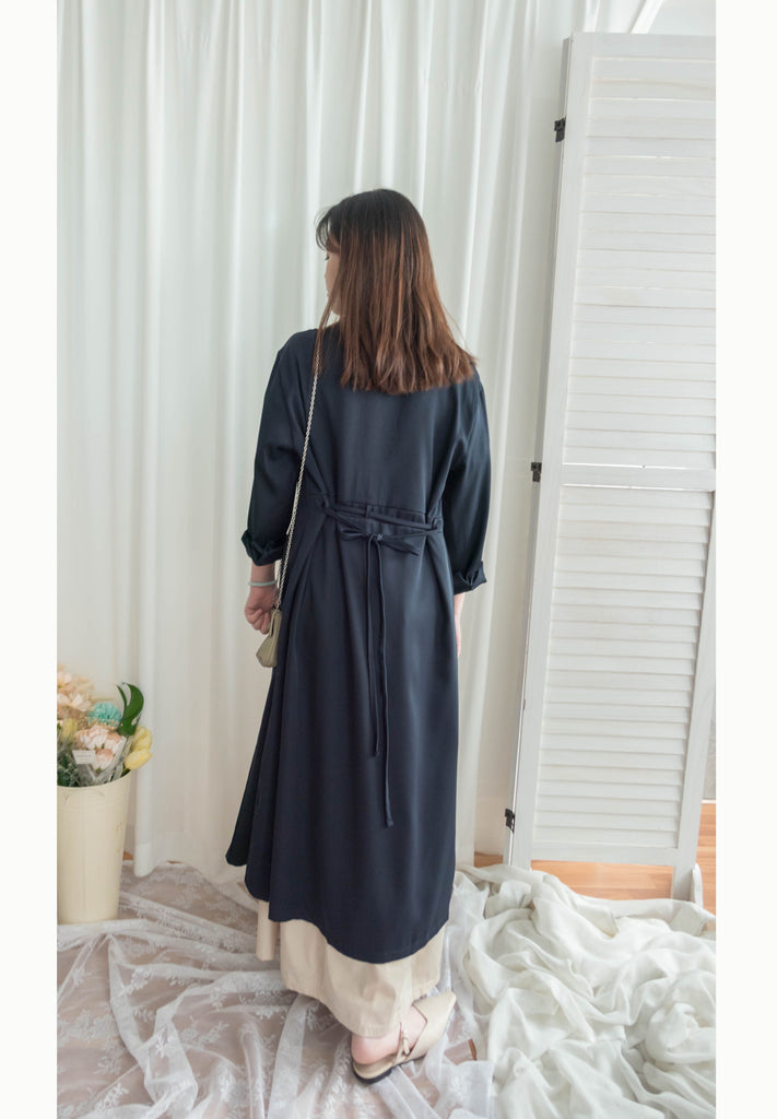 Navy 微光澤雙口袋修腰知性連身裙或外套, Dress/ DS9324