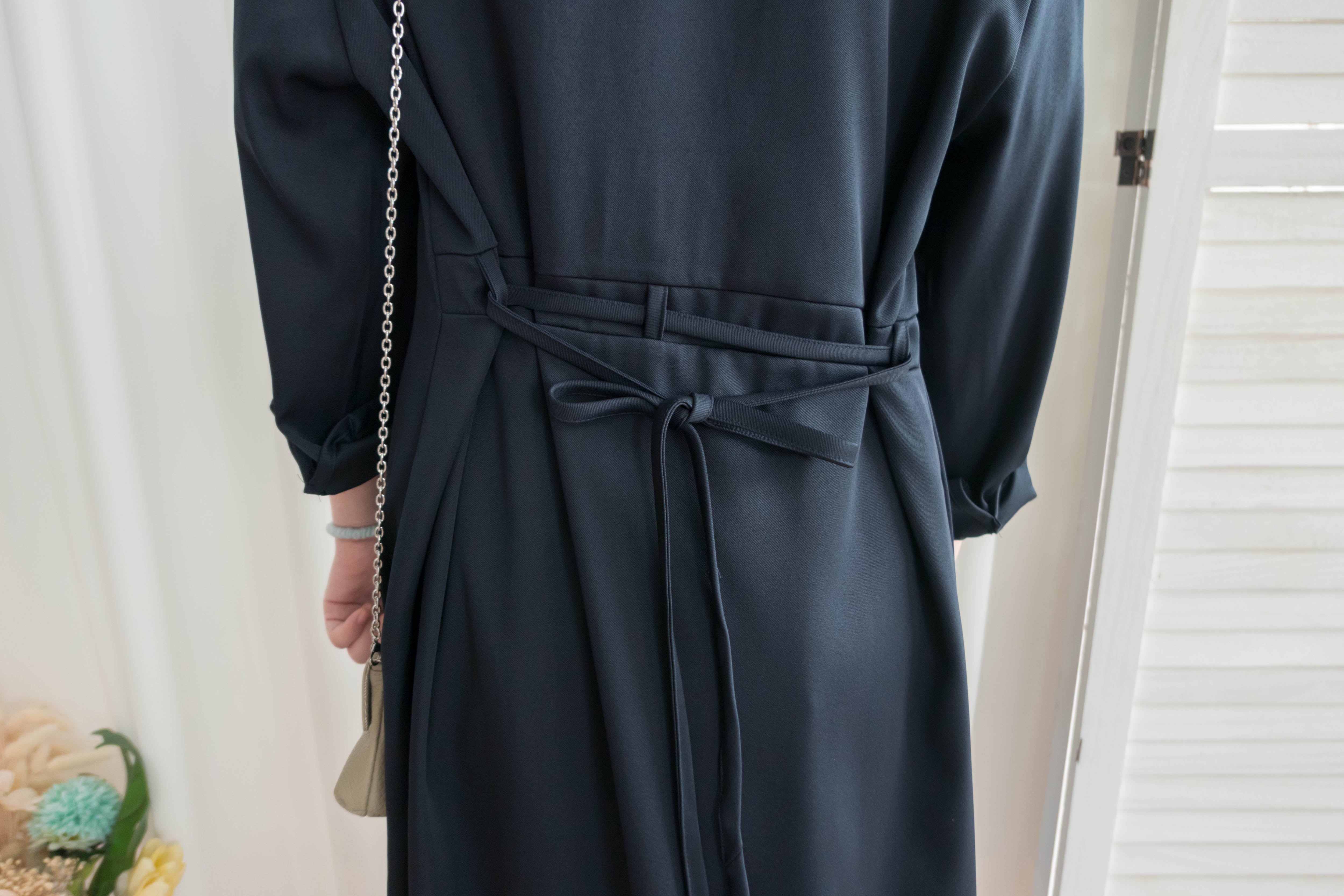 Navy 微光澤雙口袋修腰知性連身裙或外套, Dress/ DS9324
