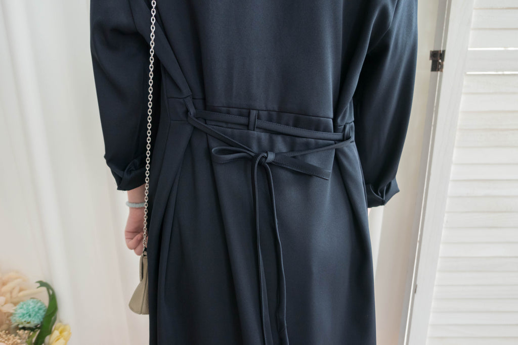 Navy 微光澤雙口袋修腰知性連身裙或外套, Dress/ DS9324