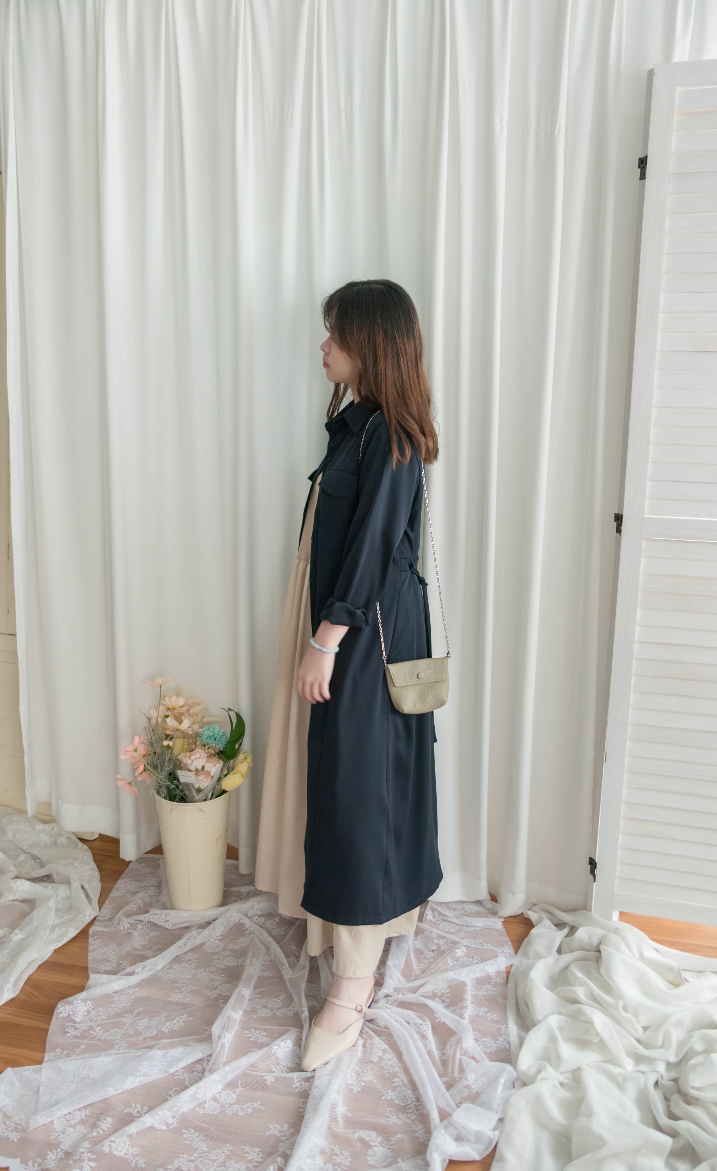 Navy 微光澤雙口袋修腰知性連身裙或外套, Dress/ DS9324