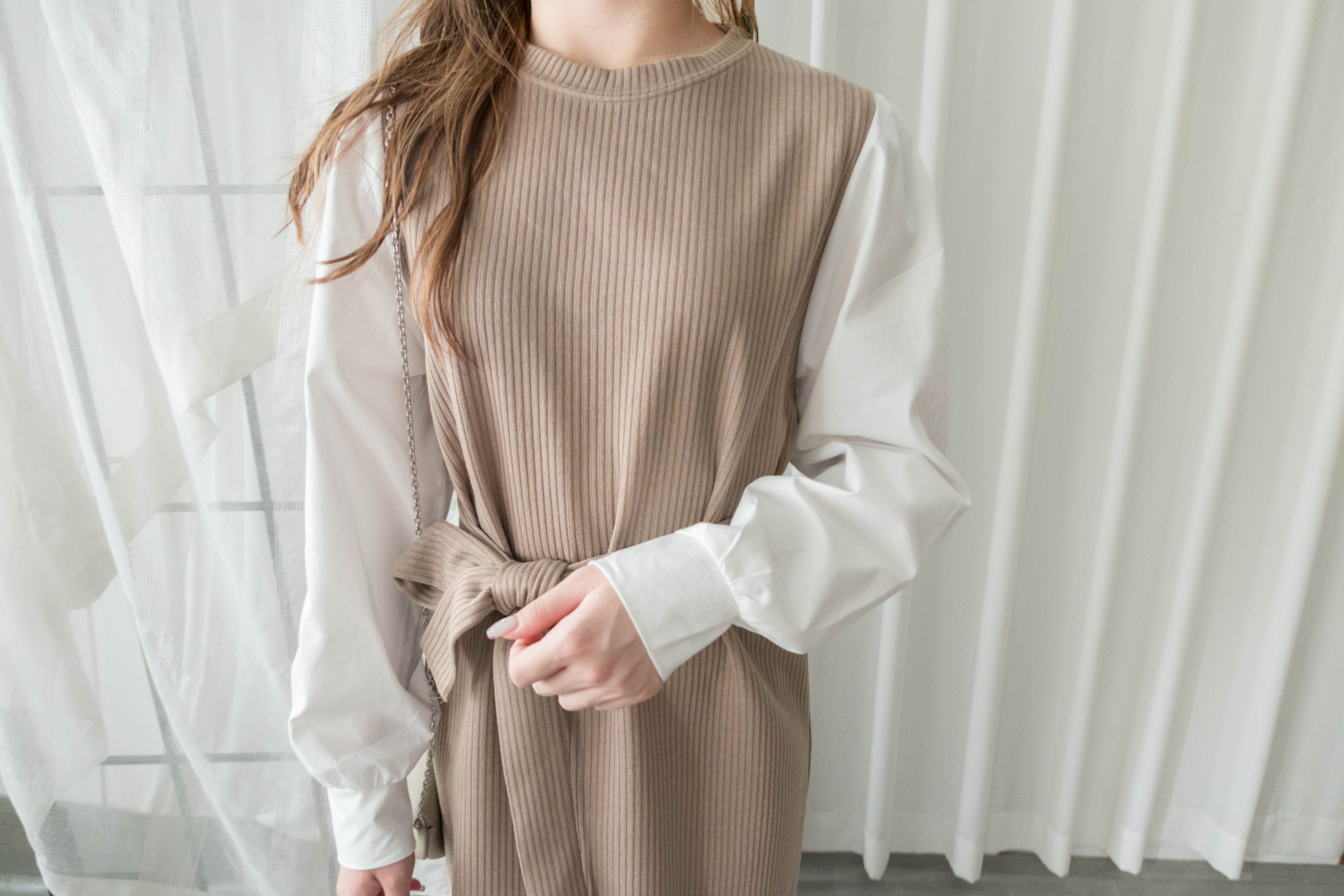Knit Shirt 知性假兩件恤衫加彈性針織背心連身裙, Dress/ DS9326