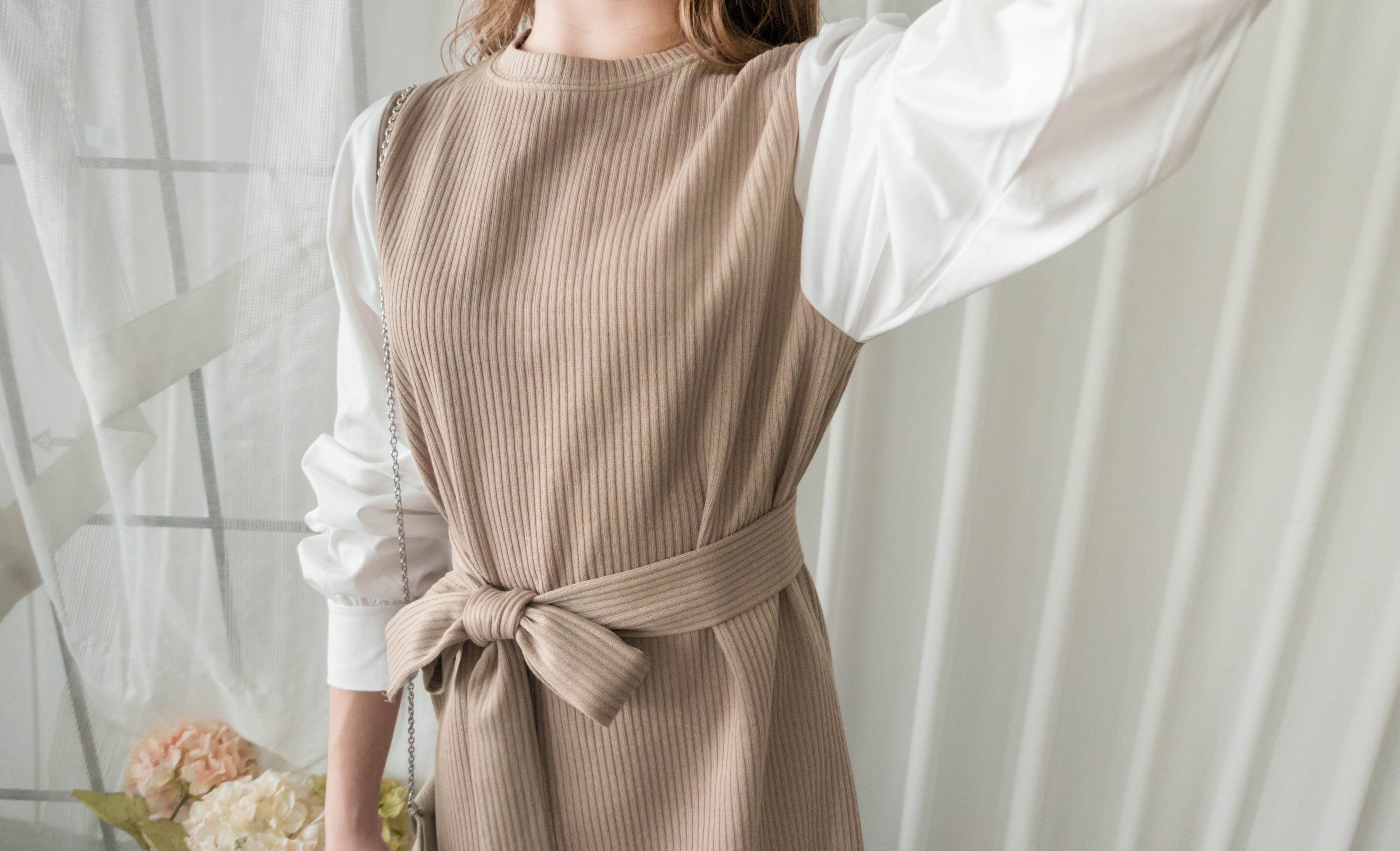 Knit Shirt 知性假兩件恤衫加彈性針織背心連身裙, Dress/ DS9326