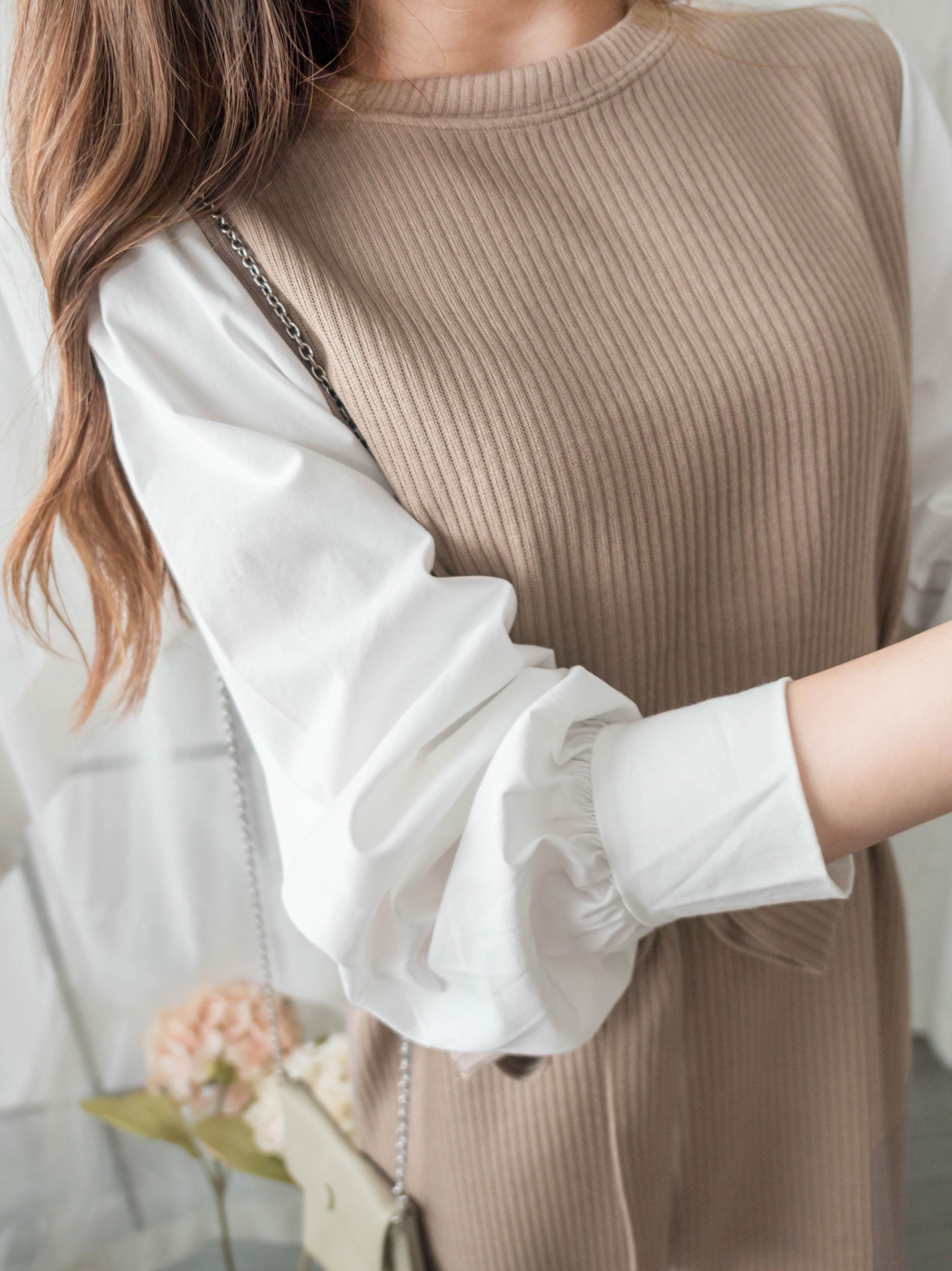 Knit Shirt 知性假兩件恤衫加彈性針織背心連身裙, Dress/ DS9326