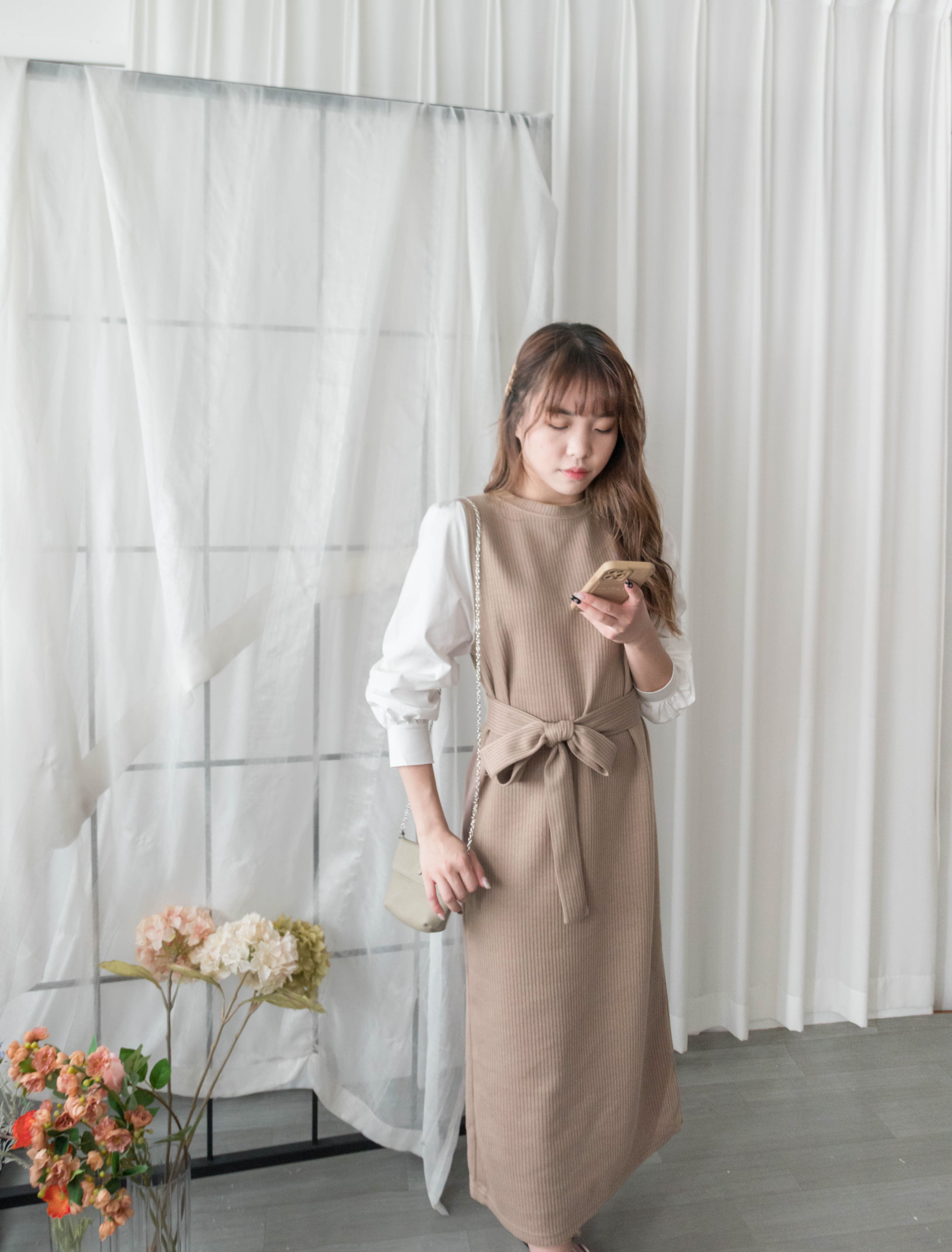 Knit Shirt 知性假兩件恤衫加彈性針織背心連身裙, Dress/ DS9326
