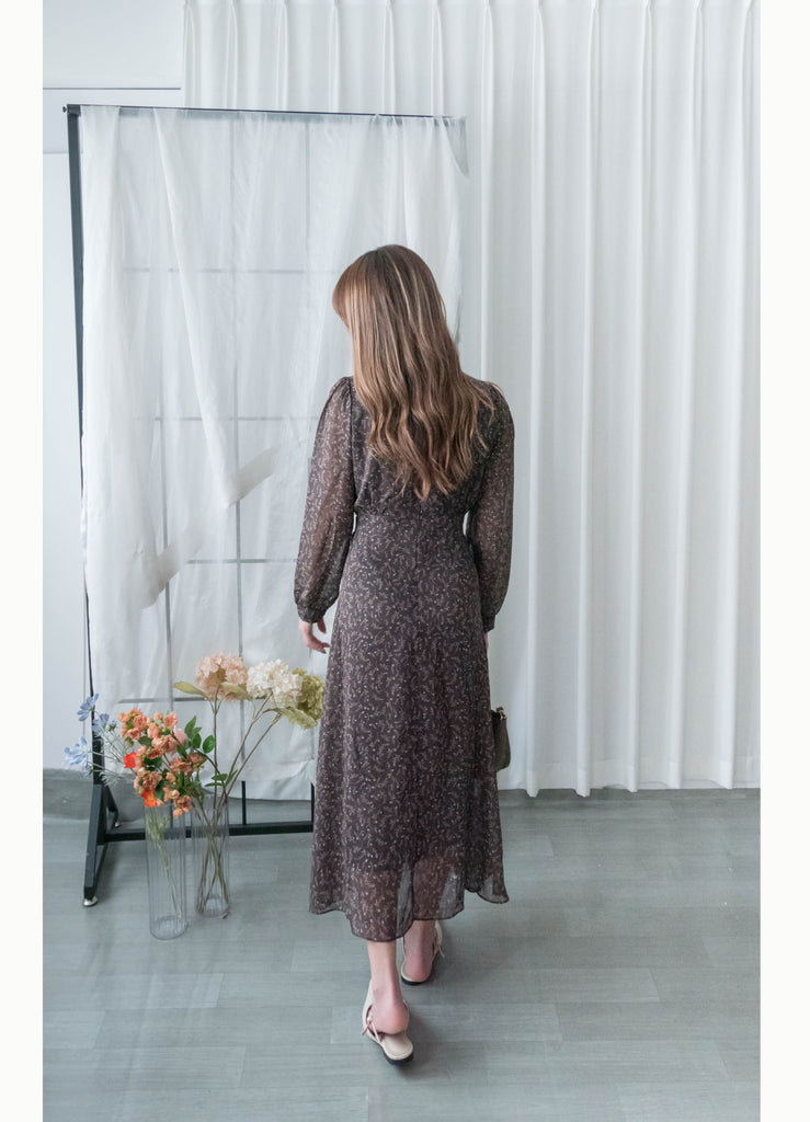 Lavender Floral 彩色幾何薰衣草疊領口飄逸雪紡連身裙, Dress/ DS9328
