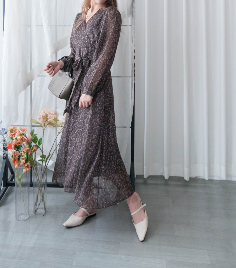 Lavender Floral 彩色幾何薰衣草疊領口飄逸雪紡連身裙, Dress/ DS9328