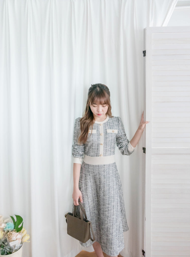 My Coco 十字線混灰細緻金鈕全彈性氣質連身裙, Dress/ DS9327